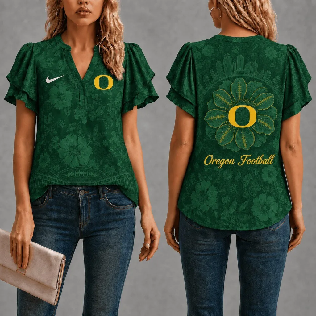 Oregon Ducks Football Floral Print V-Neck Short Sleeve Shirt
