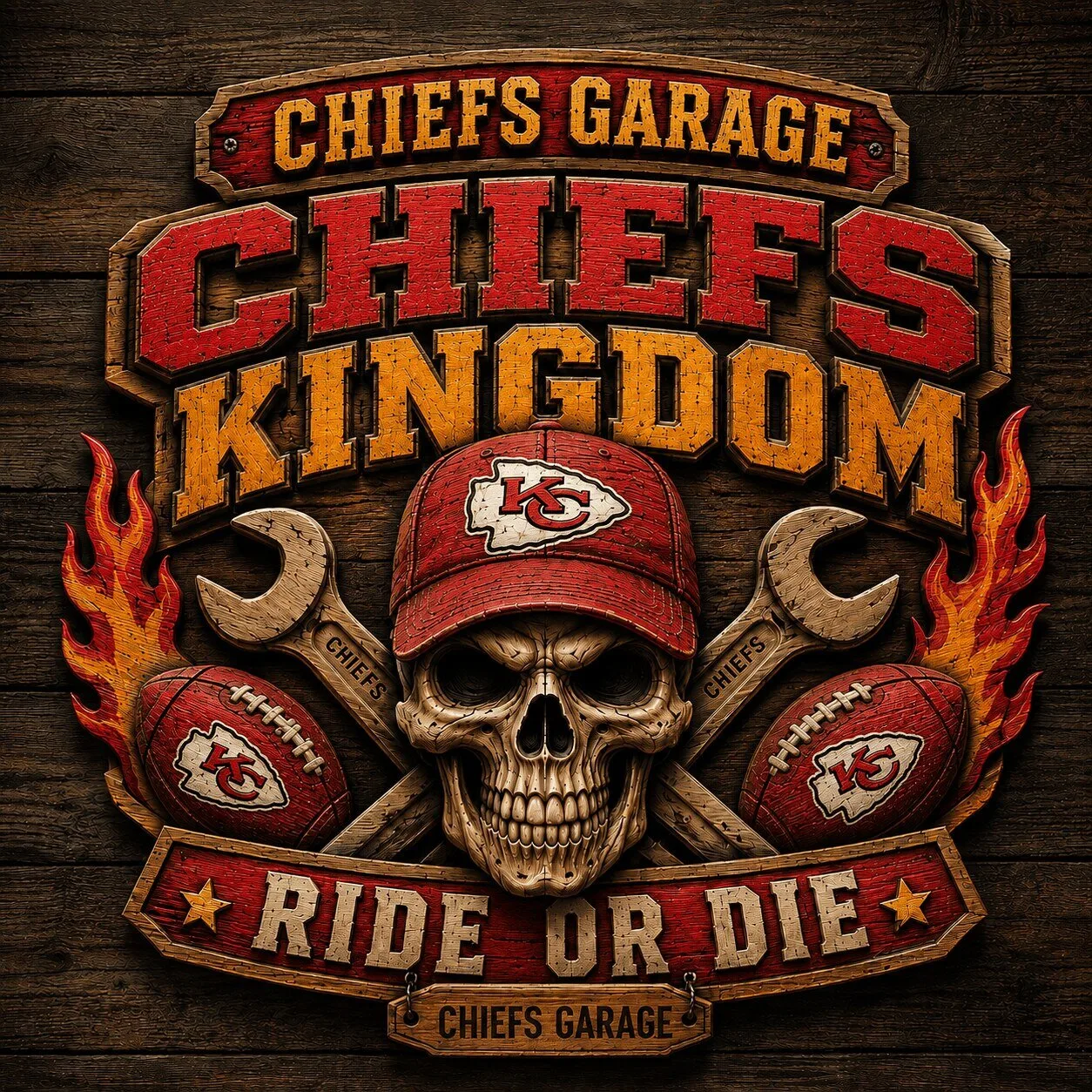 Kansas City Chiefs Kingdom Ride Or Die Skull Garage Wooden Sign