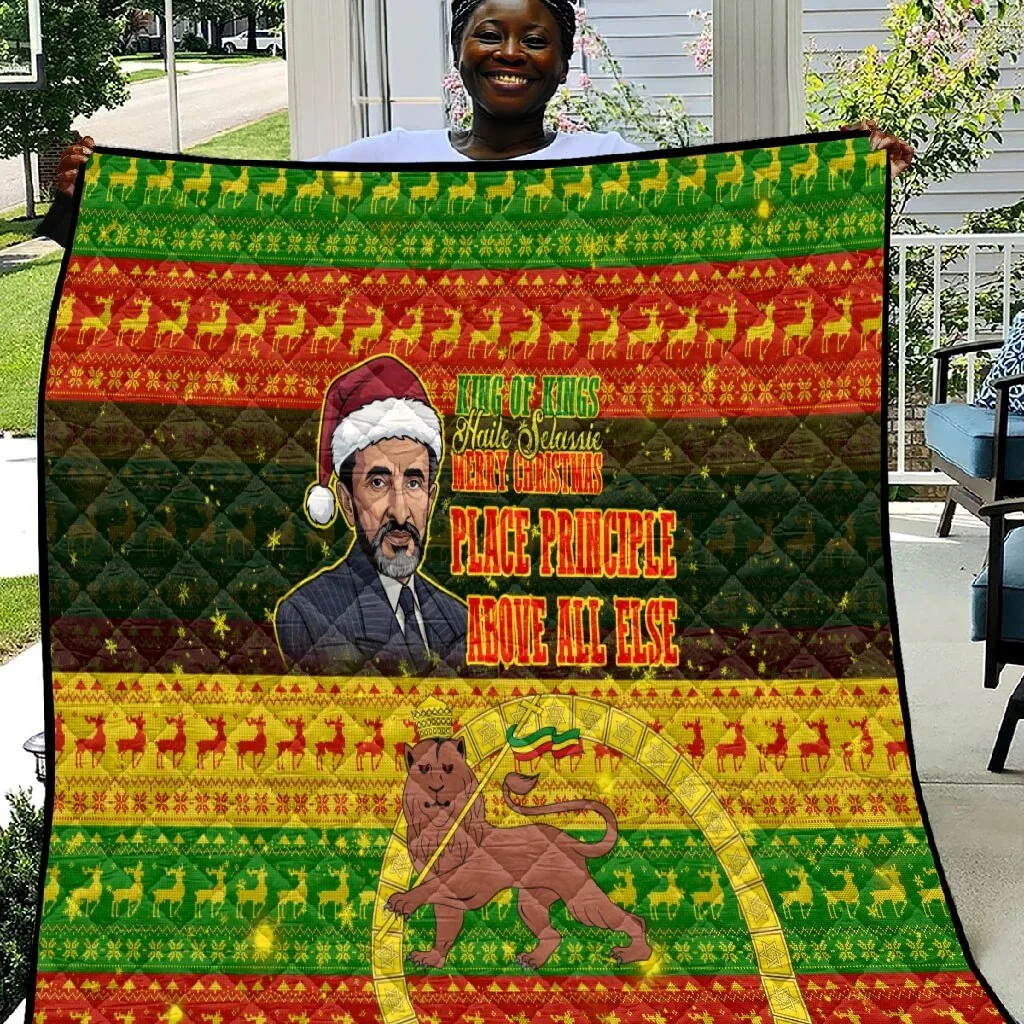 Home 21 Haile Selassie King of Kings Merry Christmas Ugly Pattern Holiday Quilt