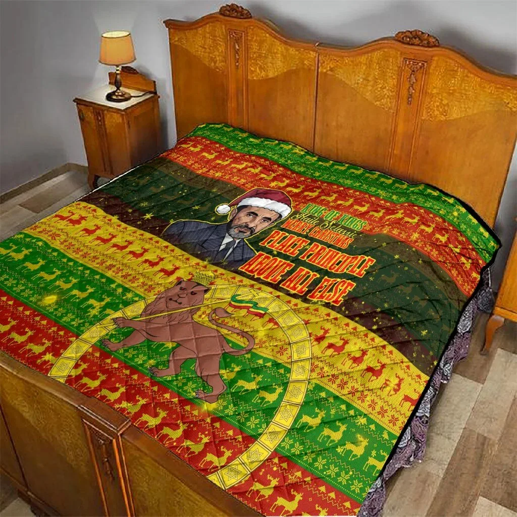 Haile Selassie King of Kings Merry Christmas Ugly Pattern Holiday Quilt