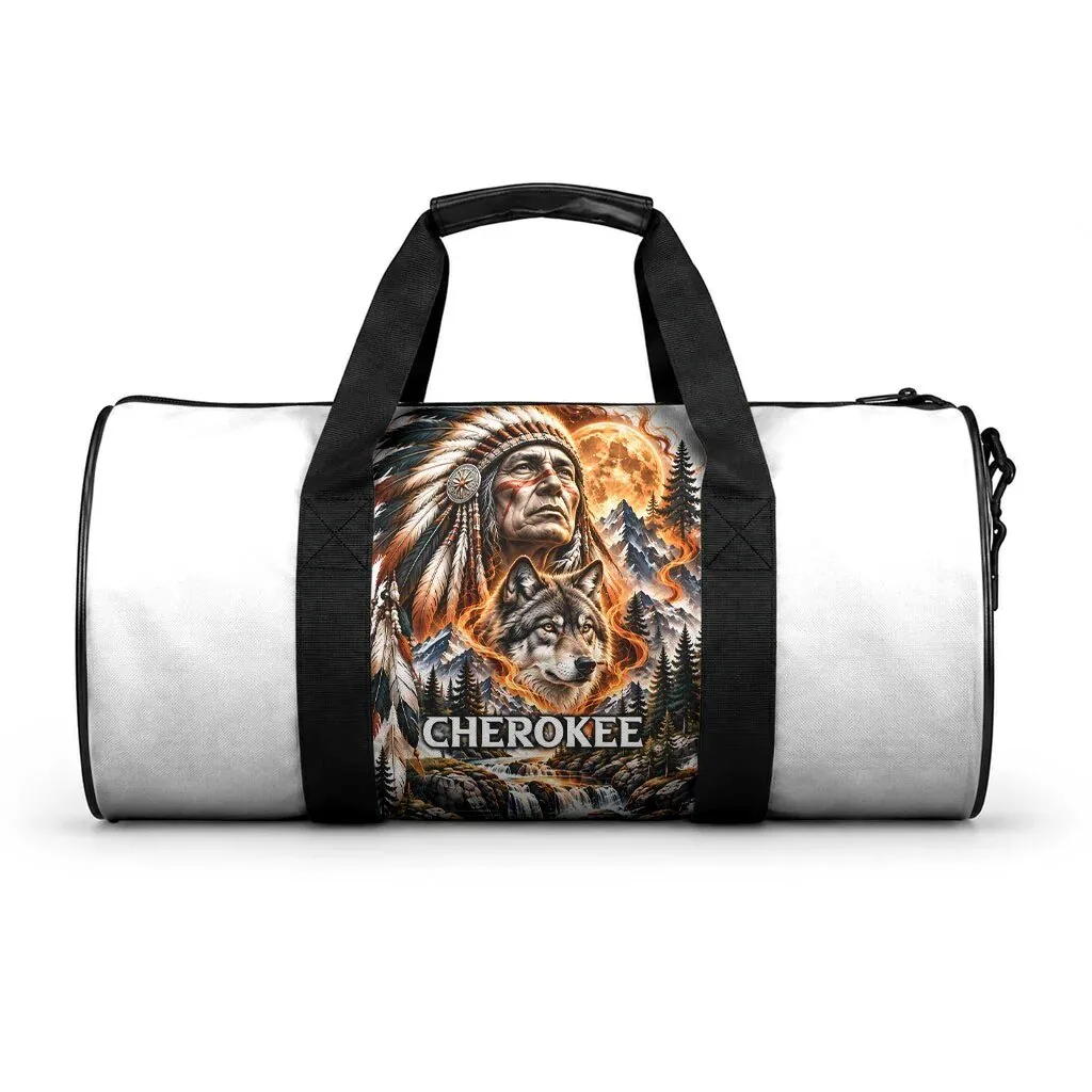 Home 19 Cherokee Wolf Native American Chief Mountains Fiery Moon Duffle Bag