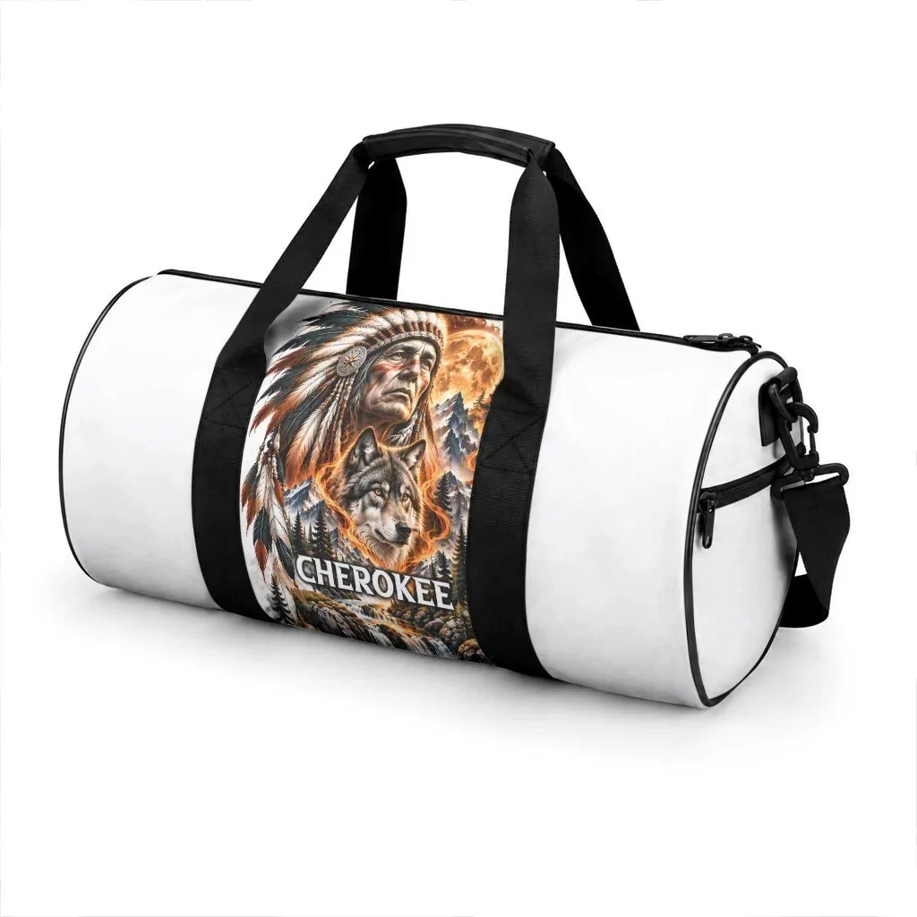 Cherokee Wolf Native American Chief Mountains Fiery Moon Duffle Bag