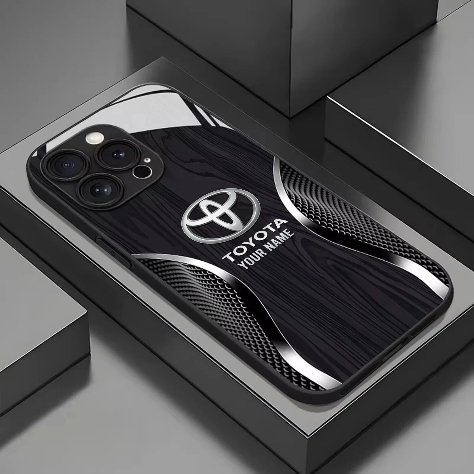 Toyota Custom Name Black Wood Grain Pattern Phone Case for iPhone and Android