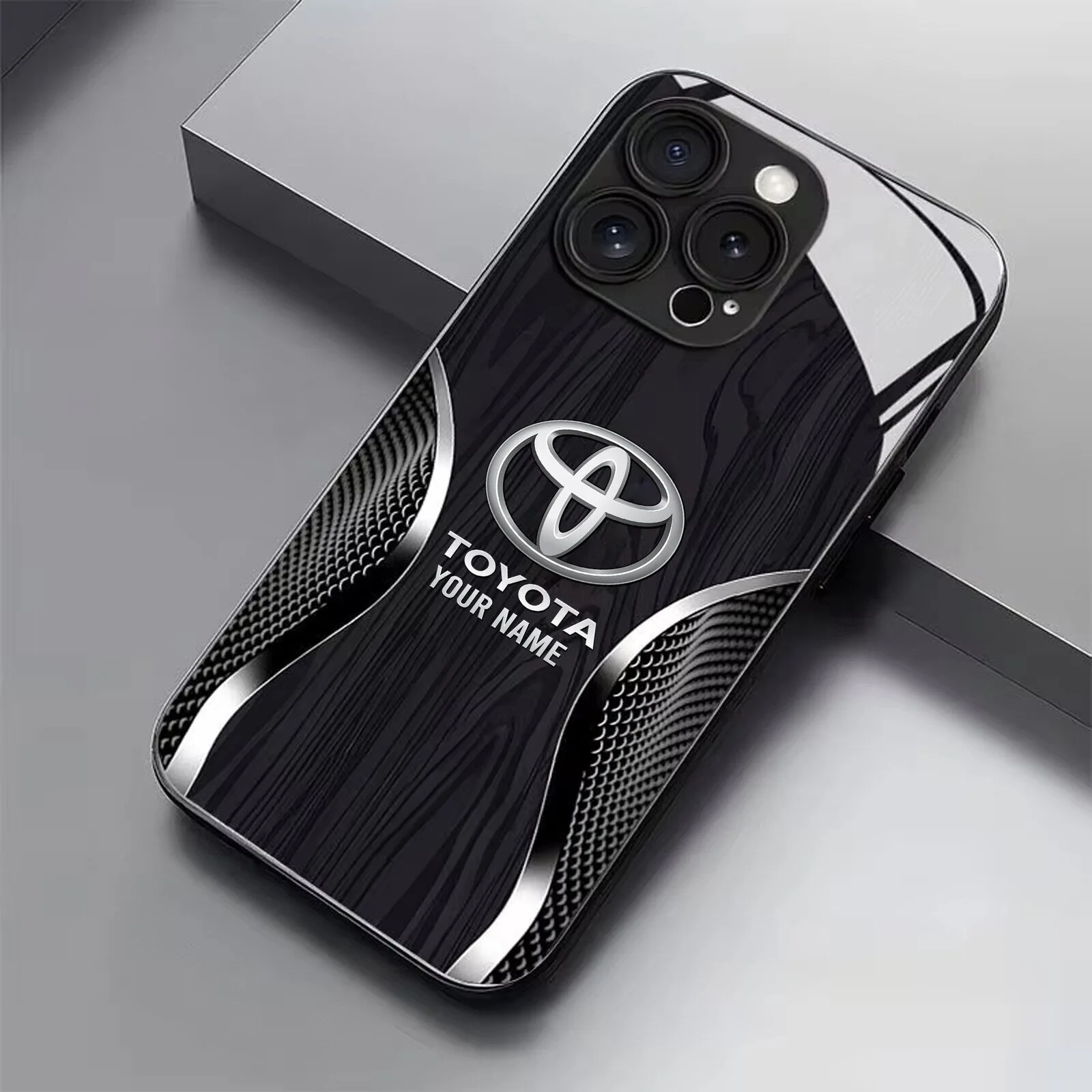 Toyota Custom Name Black Wood Grain Pattern Phone Case for iPhone and Android