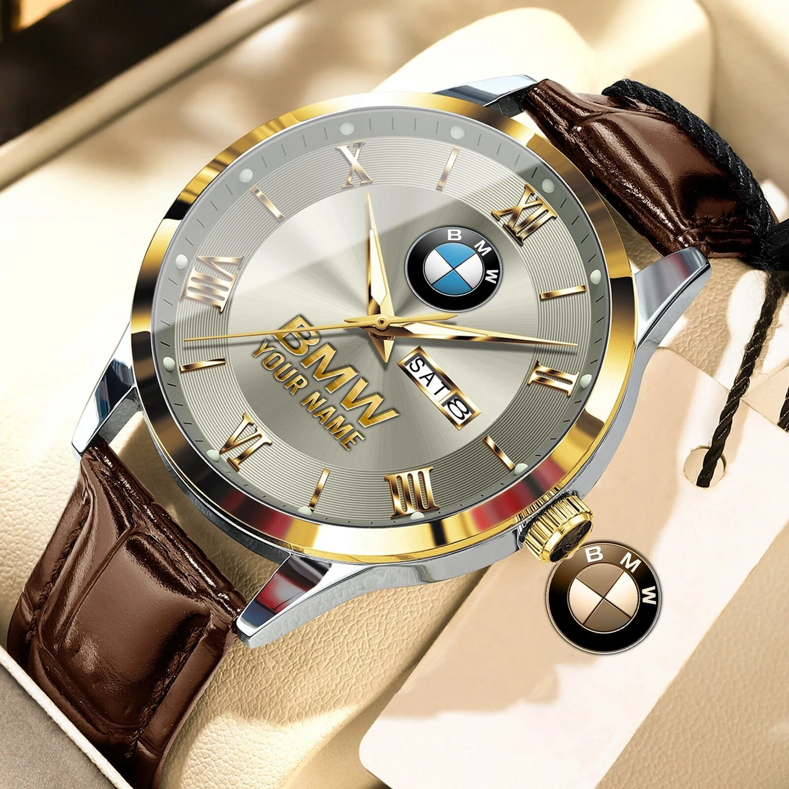 Personalized BMW Logo Custom Name Gold and Silver Luxury Men's Watch