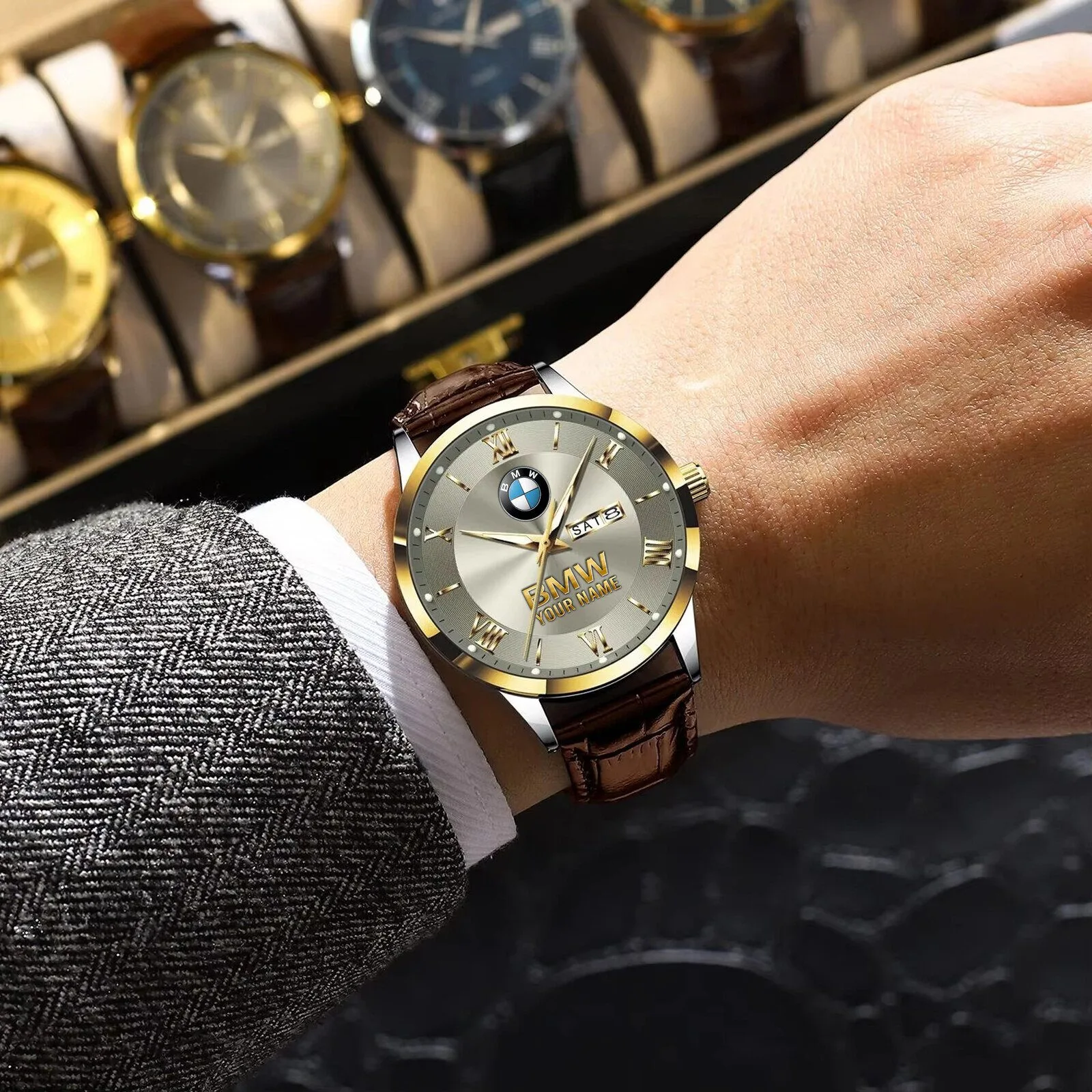 Personalized BMW Logo Custom Name Gold and Silver Luxury Men's Watch