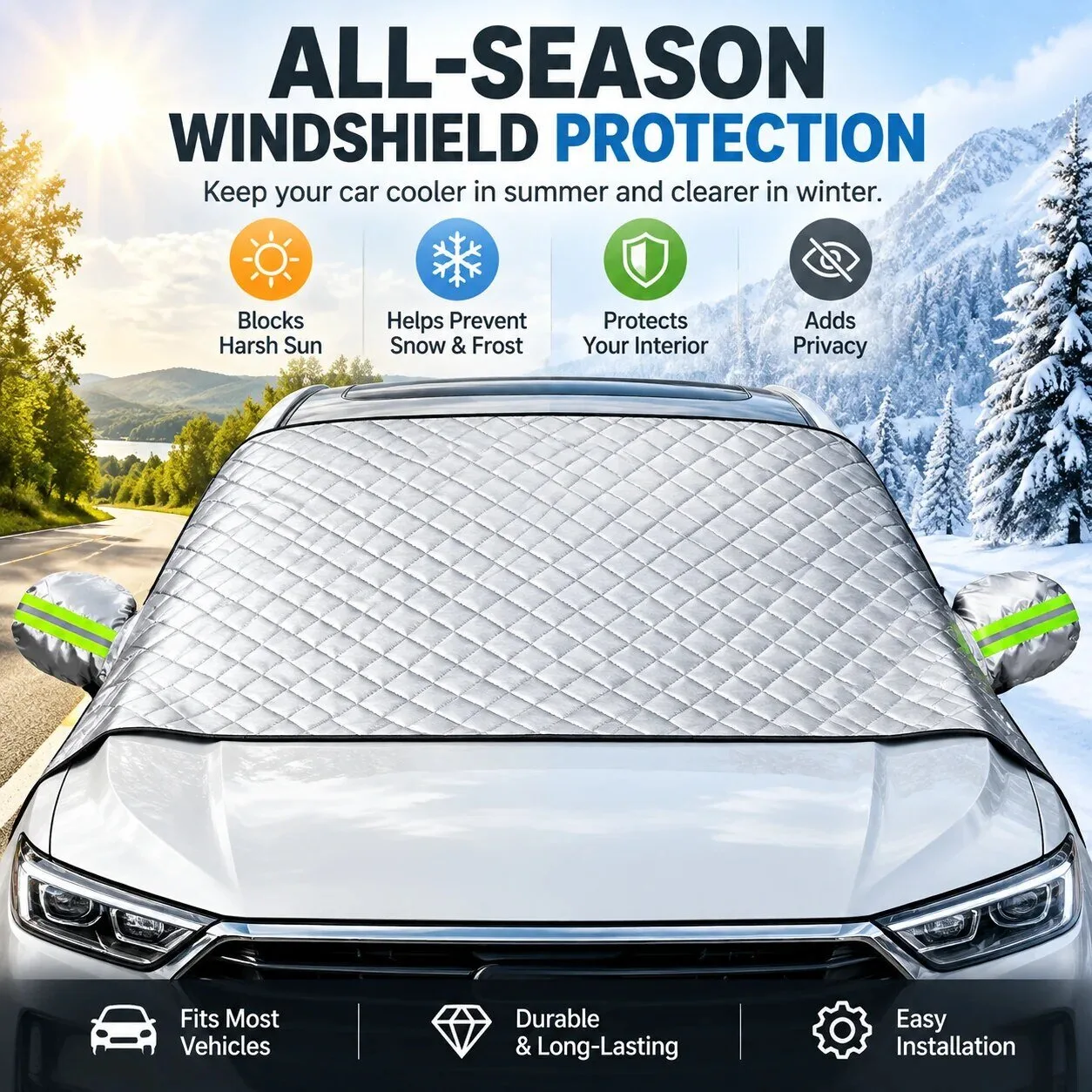 All-Season Windshield Cover for Car Sun, Snow, and Frost Protection