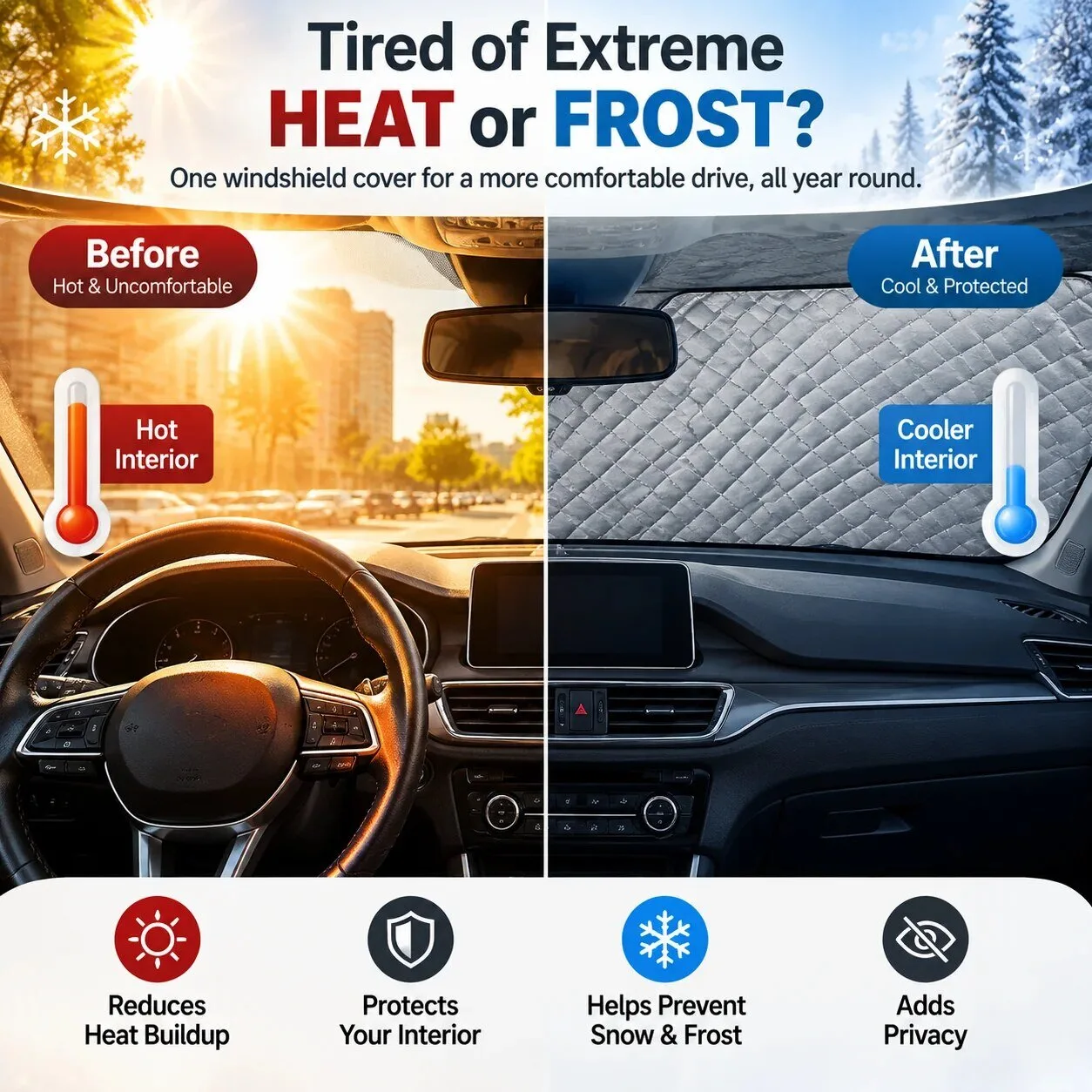 All-Season Windshield Cover for Car Sun, Snow, and Frost Protection