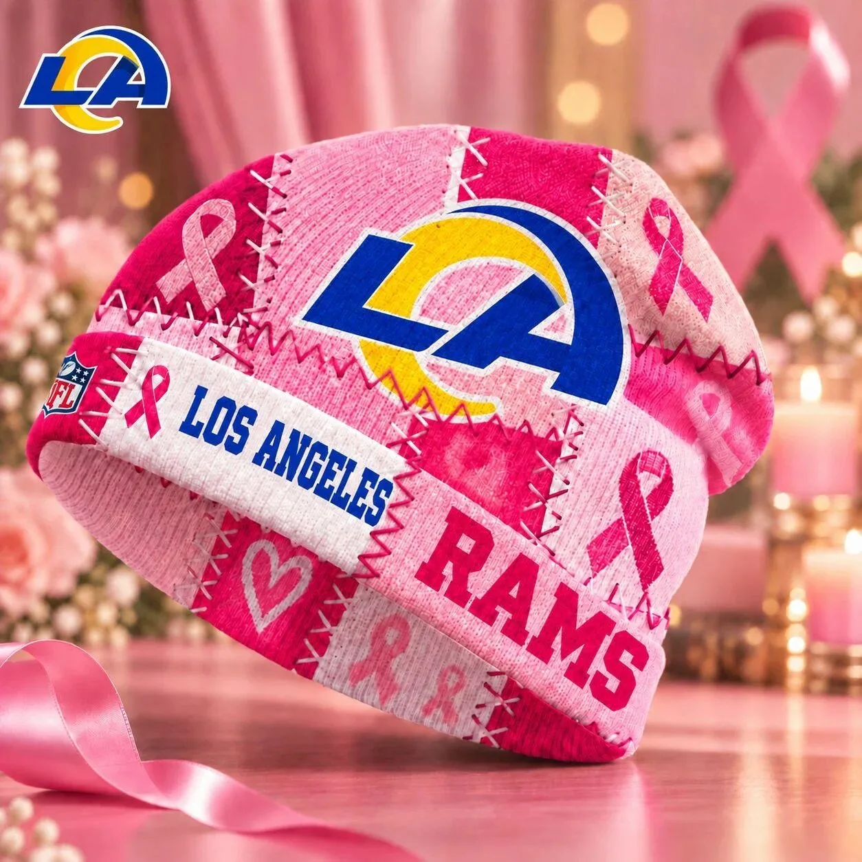 Los Angeles Rams Breast Cancer Awareness Pink Ribbon Patchwork Beanie Hat