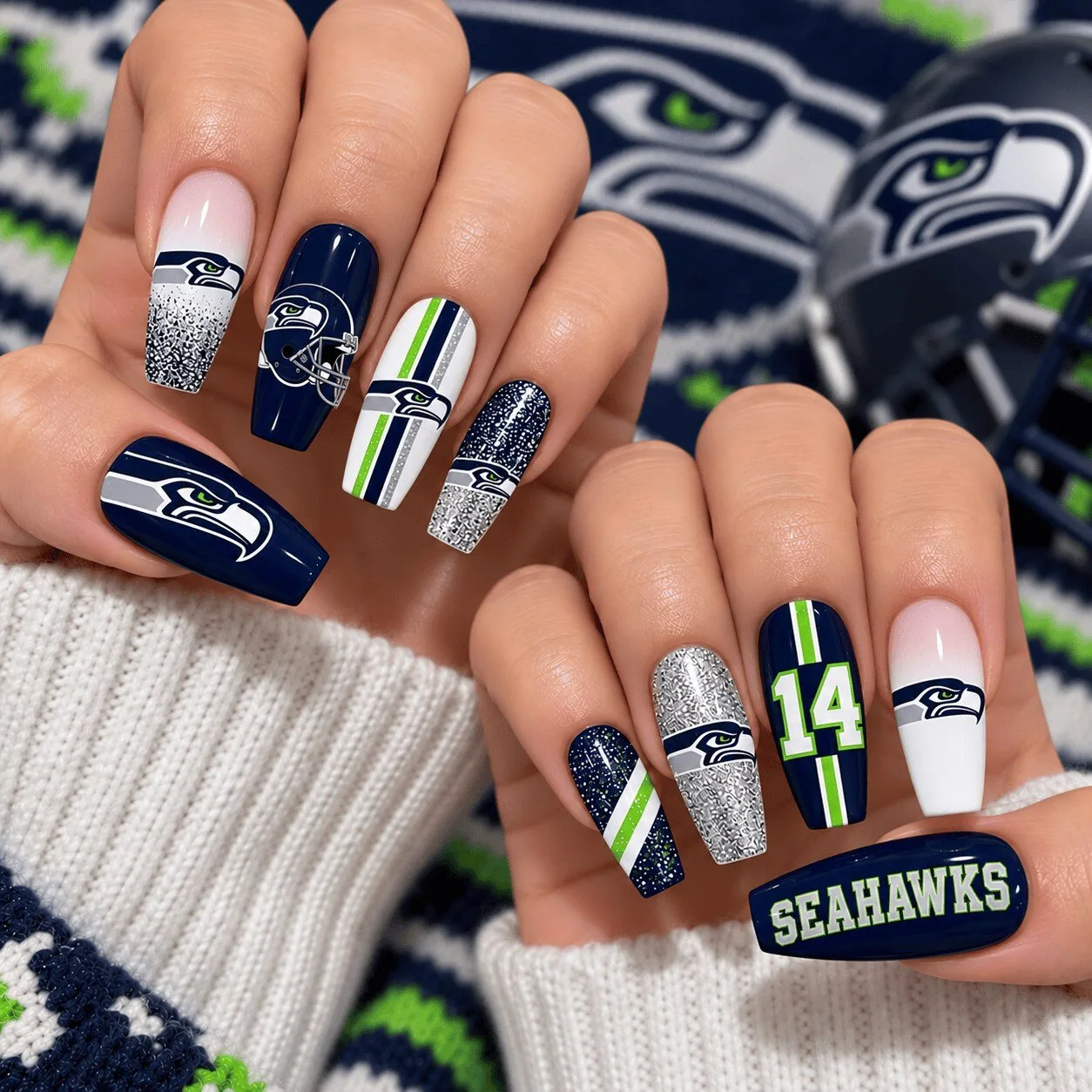 Seattle Seahawks NFL Football Team Glitter Press On Nails Set