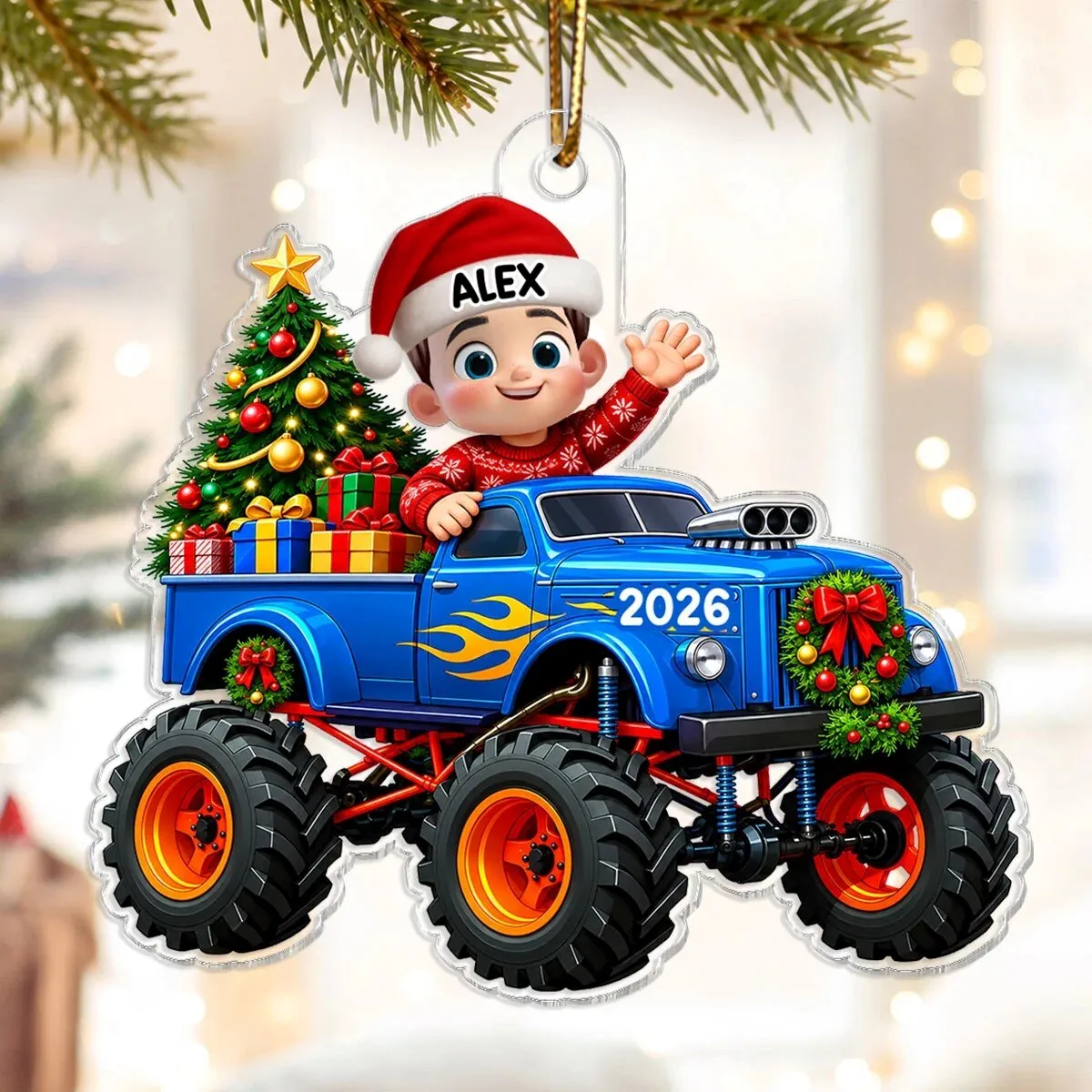 Personalized Monster Truck Christmas Ornament with Santa Hat and Christmas Tree