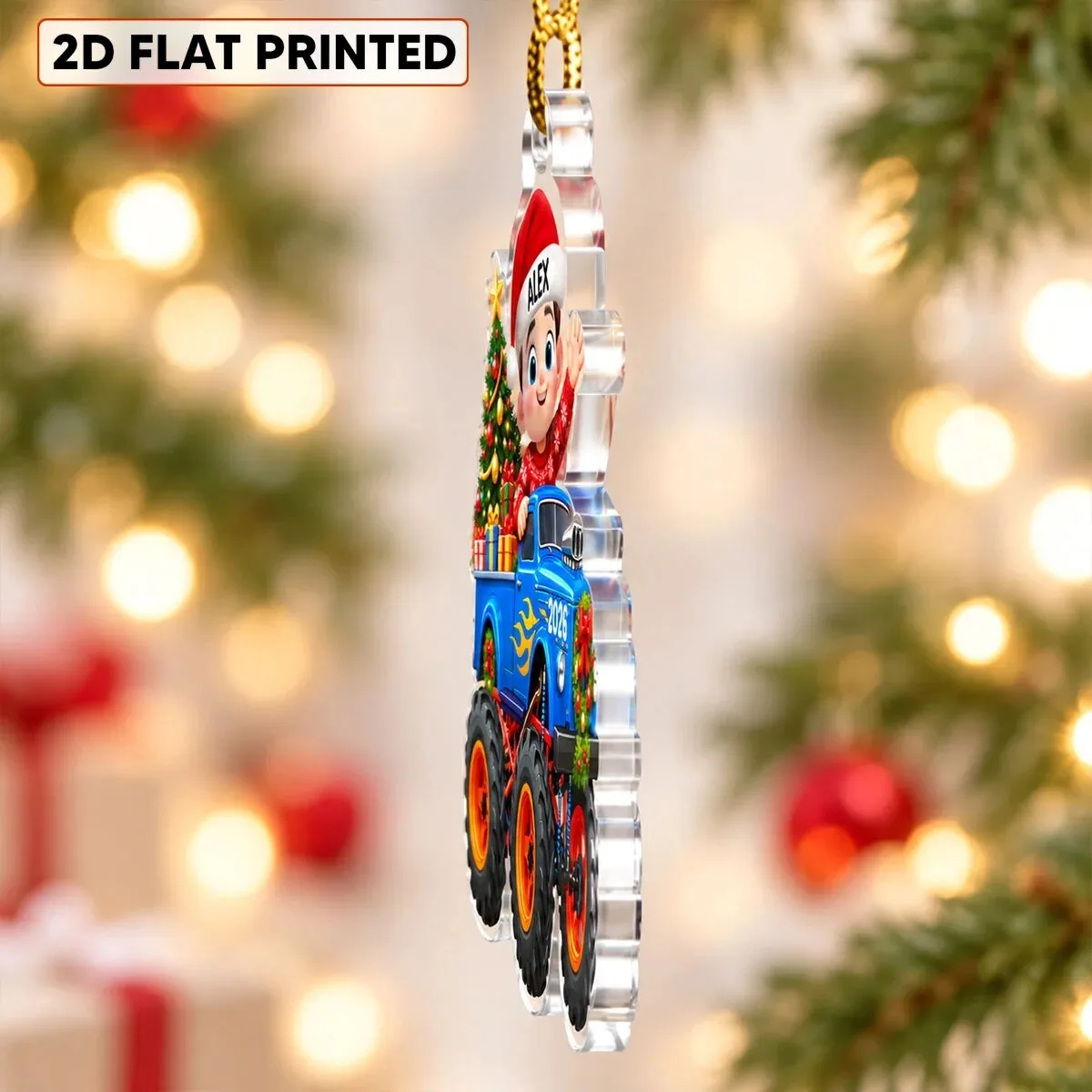 Personalized Monster Truck Christmas Ornament with Santa Hat and Christmas Tree