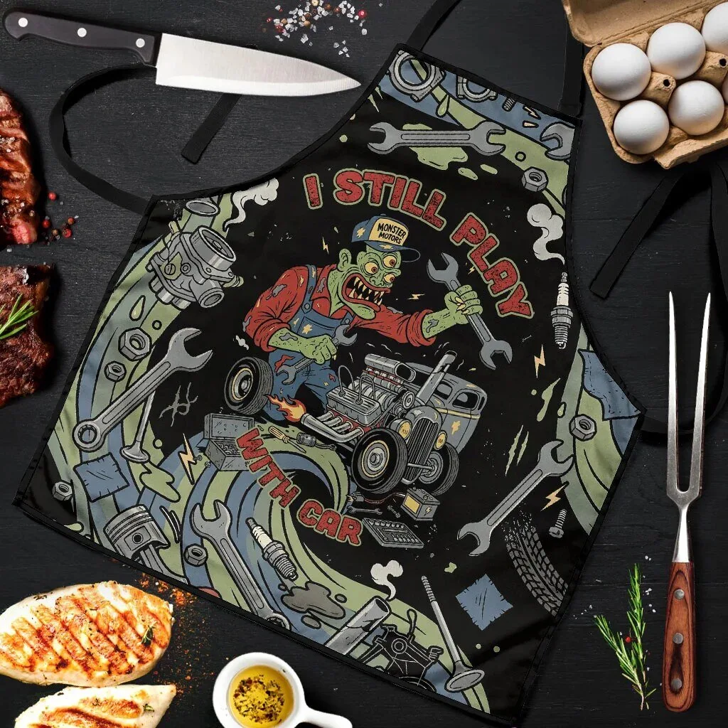 Funny Monster Motors Hot Rod Mechanic I Still Play With Cars Apron
