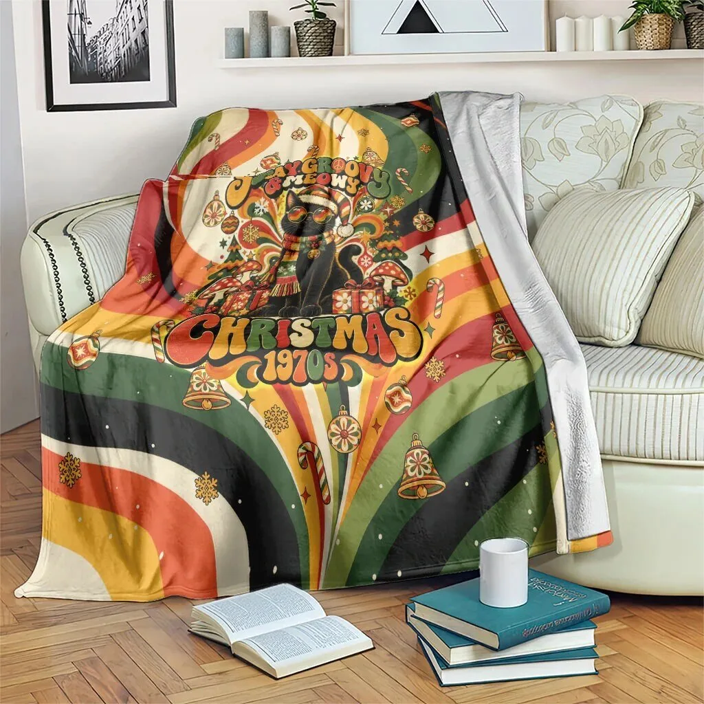 Groovy Christmas Black Cat Vintage 1970s Retro Holiday Waves Pattern Blanket