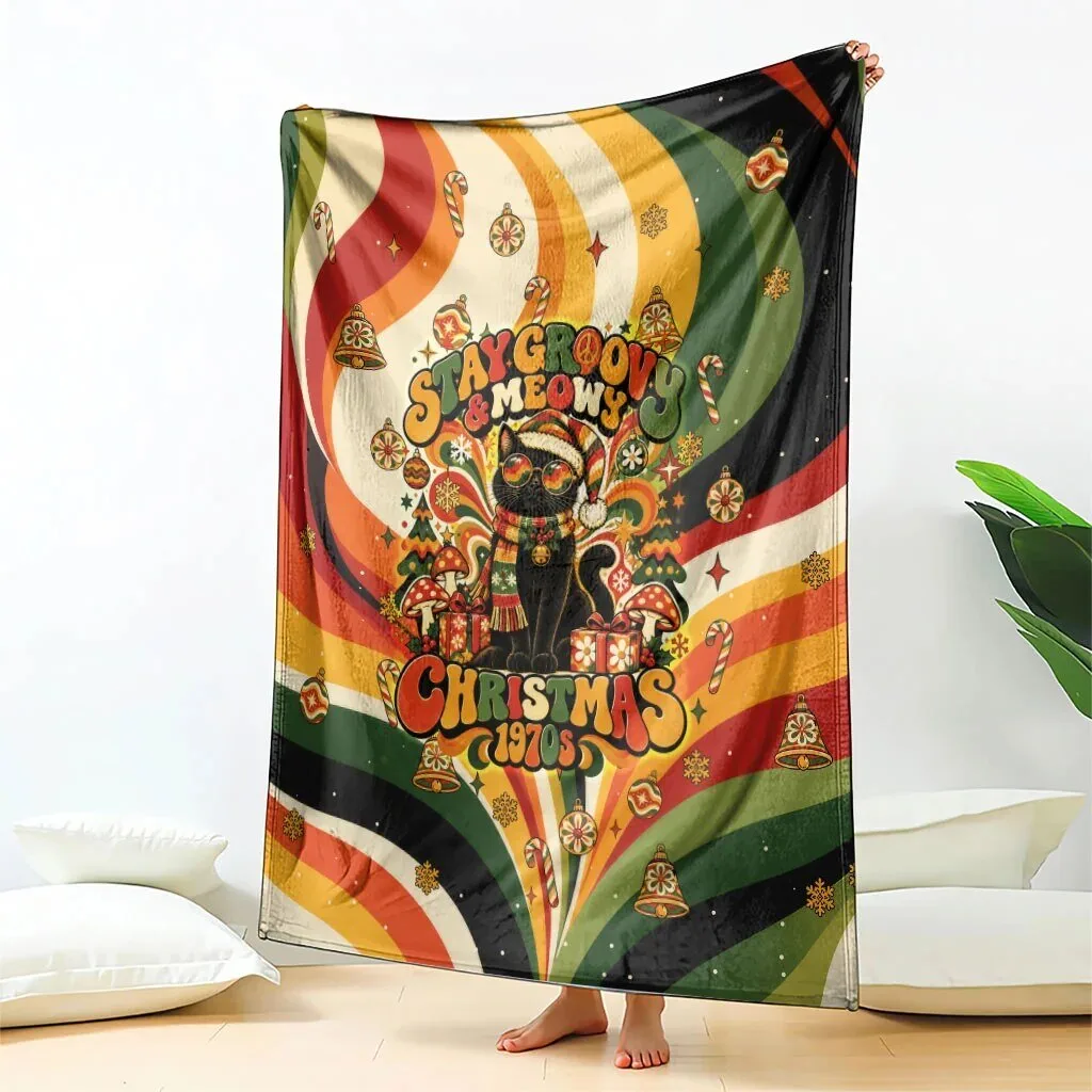 Groovy Christmas Black Cat Vintage 1970s Retro Holiday Waves Pattern Blanket