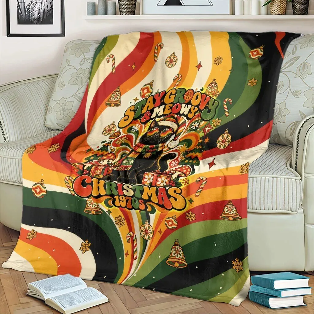 Groovy Christmas Black Cat Vintage 1970s Retro Holiday Waves Pattern Blanket 9 Groovy Christmas Black Cat Vintage 1970s Retro Holiday Waves Pattern Blanket