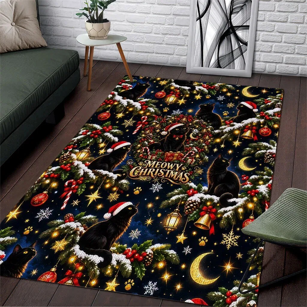 Black Cat Meowy Christmas Holiday Tree Snow Stars Pattern Area Rug