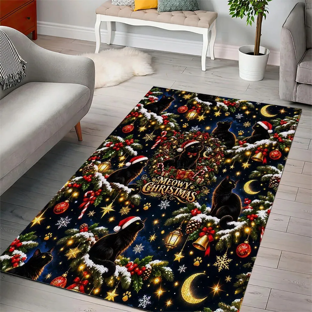 Black Cat Meowy Christmas Holiday Tree Snow Stars Pattern Area Rug