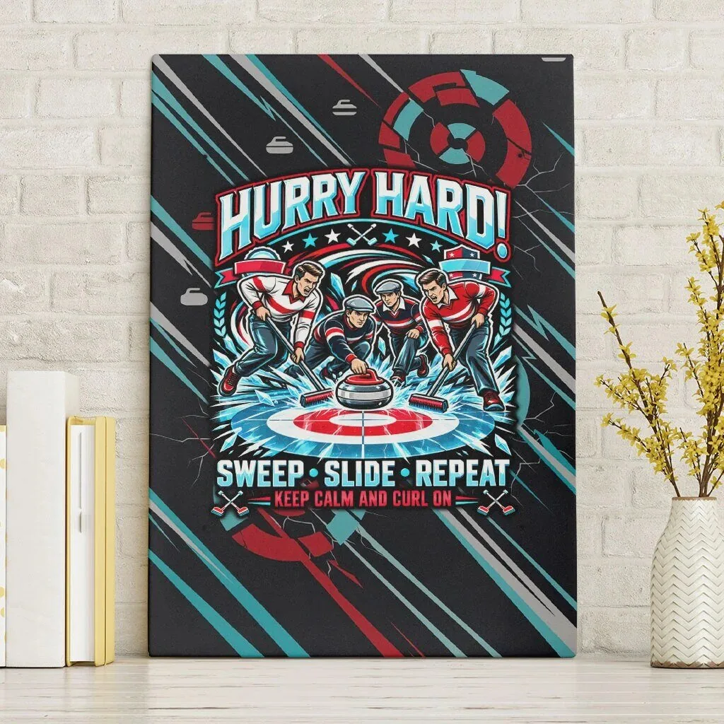 Curling Hurry Hard Sweep Slide Repeat Vintage Sports Quote Canvas Wall Art