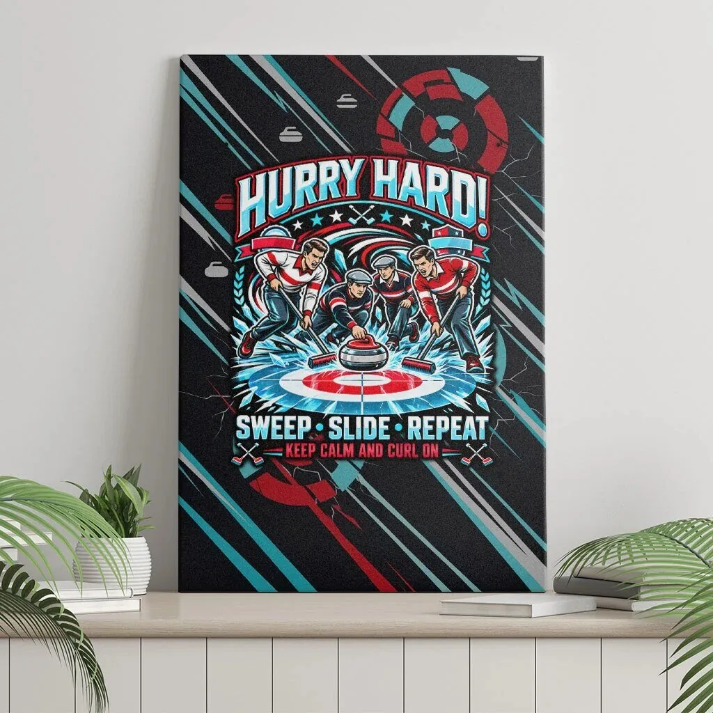 Curling Hurry Hard Sweep Slide Repeat Vintage Sports Quote Canvas Wall Art