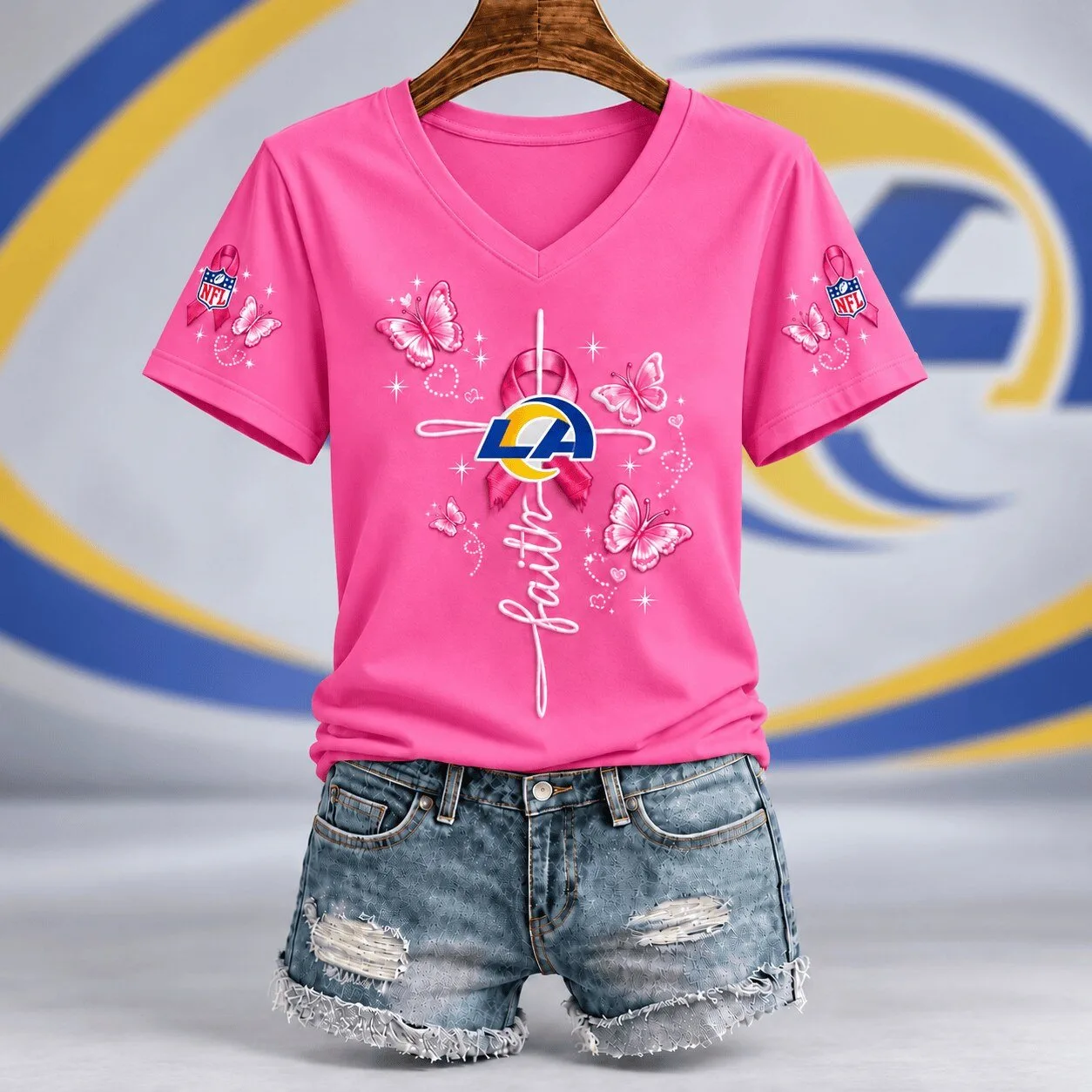 Los Angeles Rams Faith Hope Love Breast Cancer Awareness Pink V-Neck T-Shirt