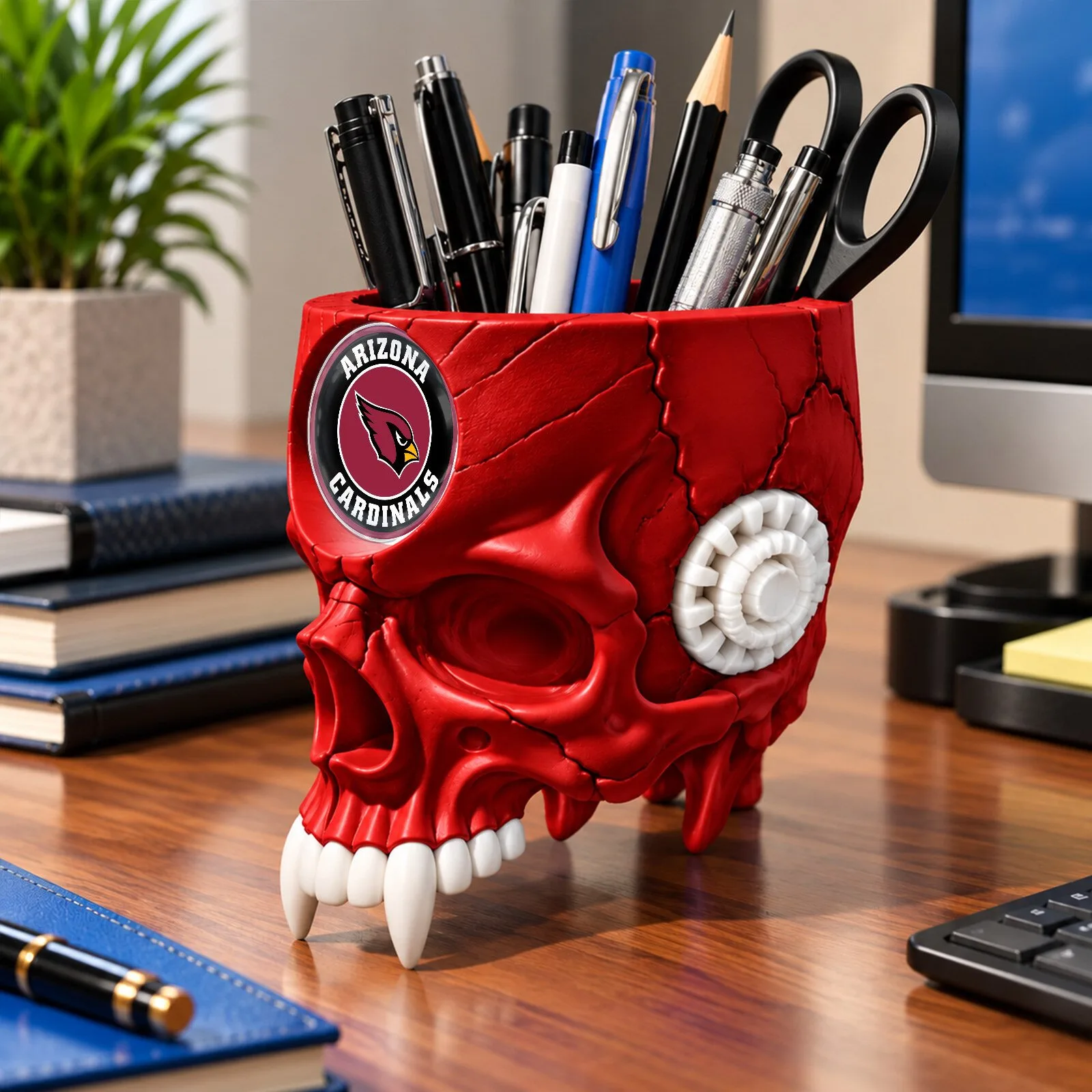 Arizona Cardinals Football Team Skull Pen Holder Desk Organizer