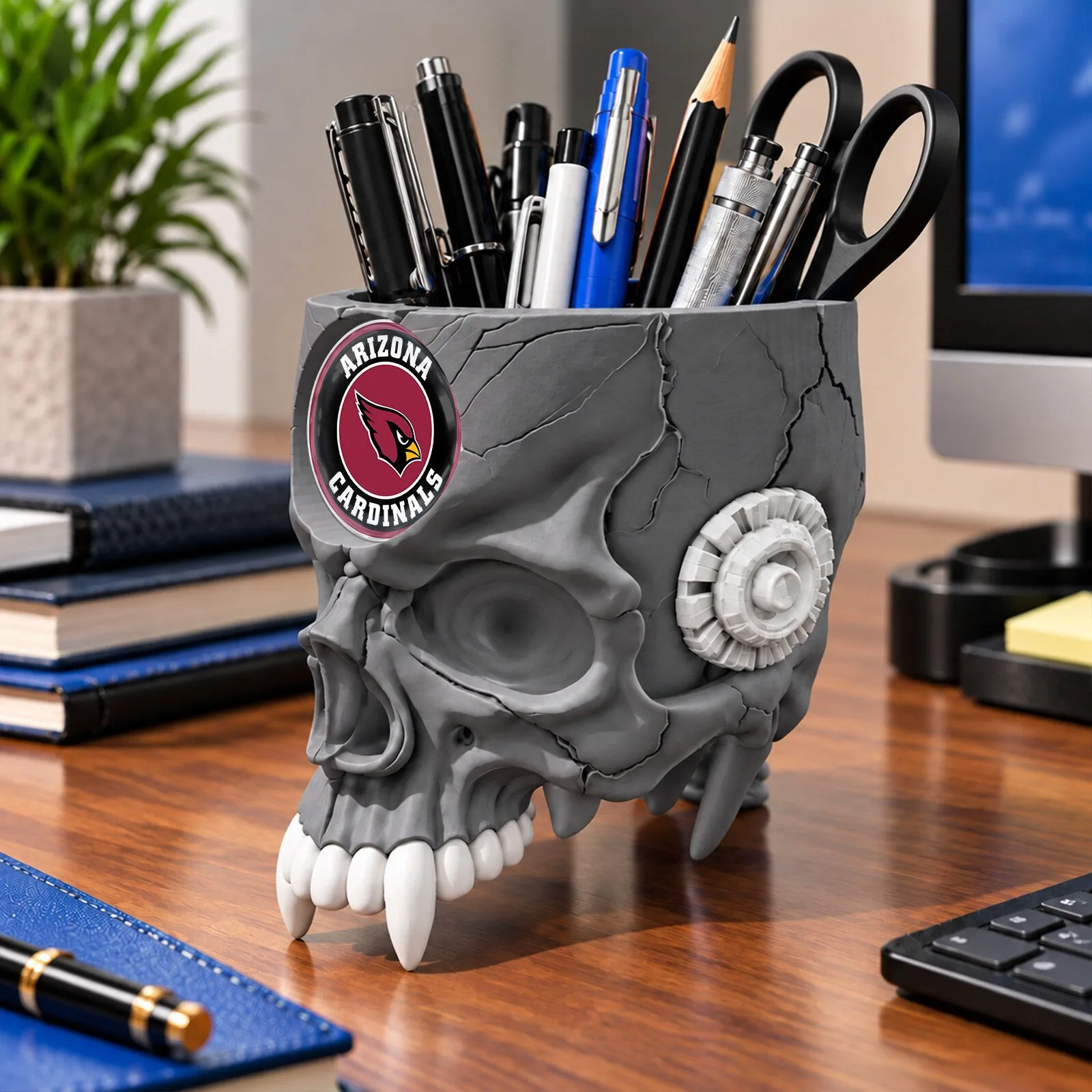 Arizona Cardinals Football Team Skull Pen Holder Desk Organizer