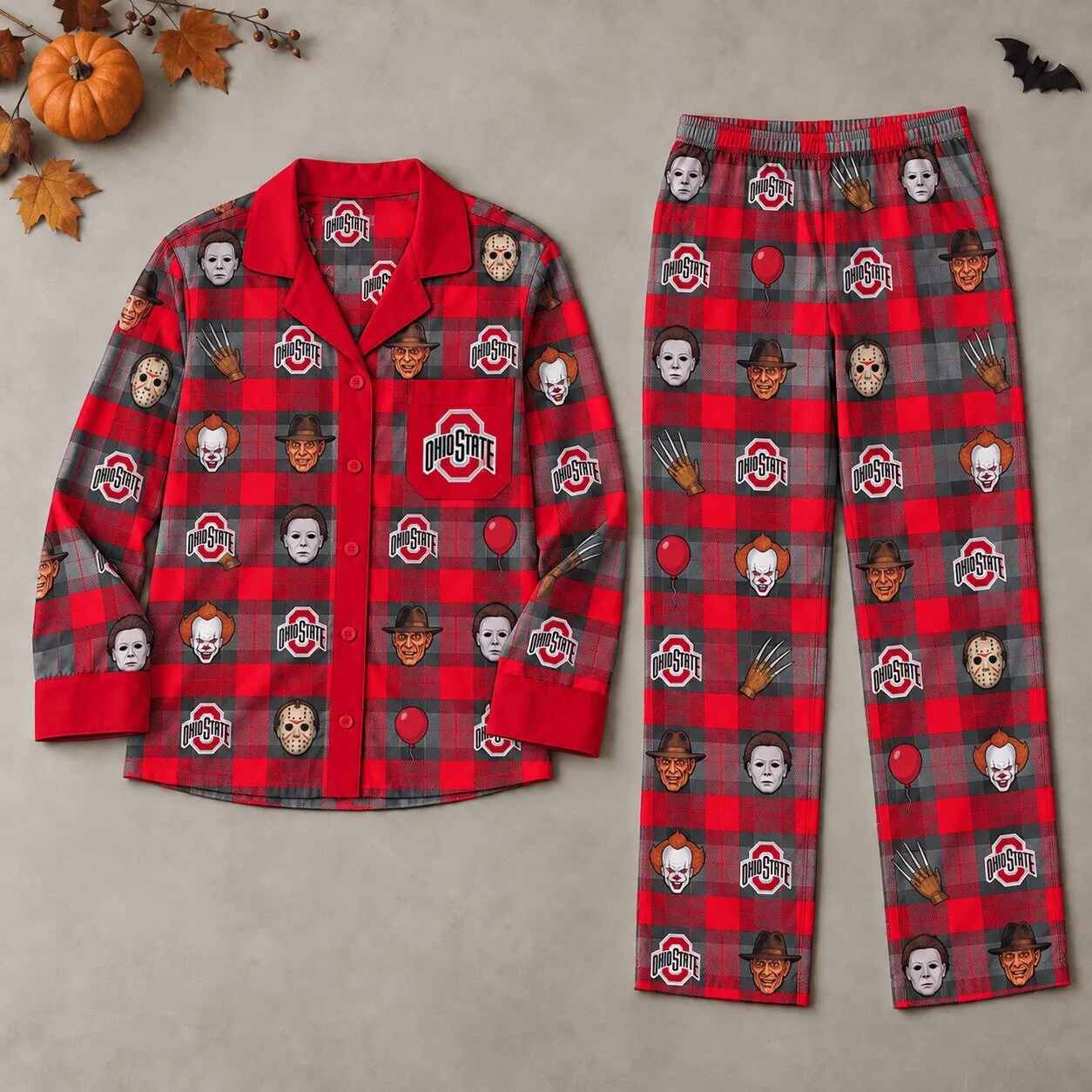 Ohio State Buckeyes Halloween Horror Movie Characters Plaid Pajamas Set