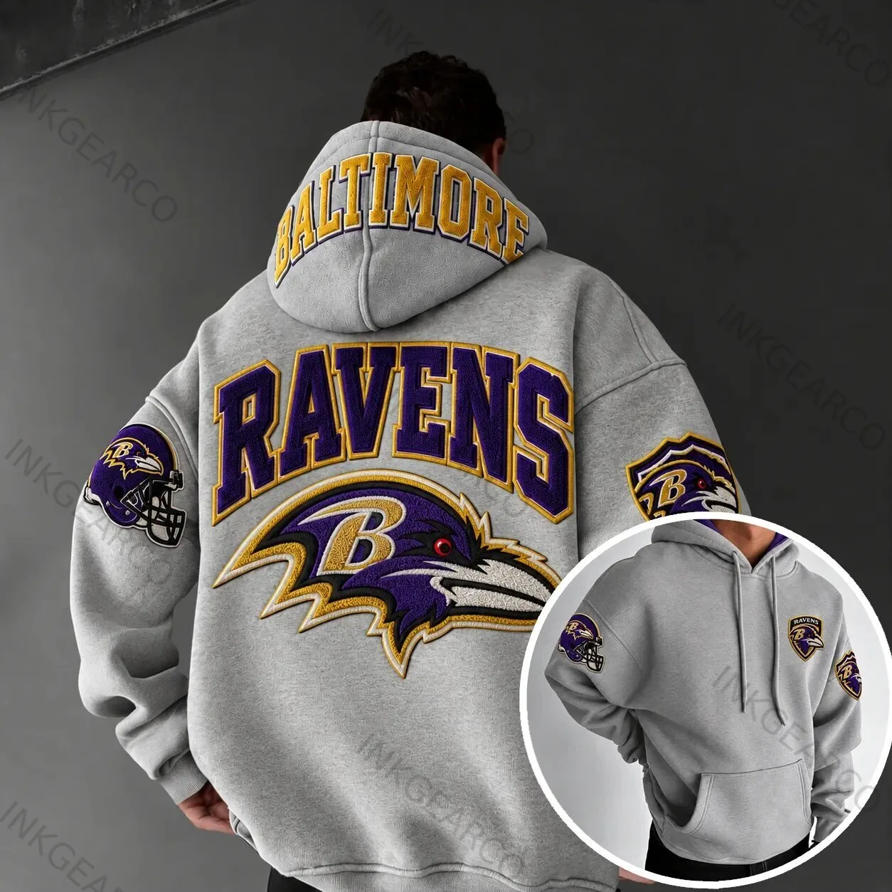 Baltimore Ravens NFL Football Team Logo Embroidered Gray Hoodie for Men
