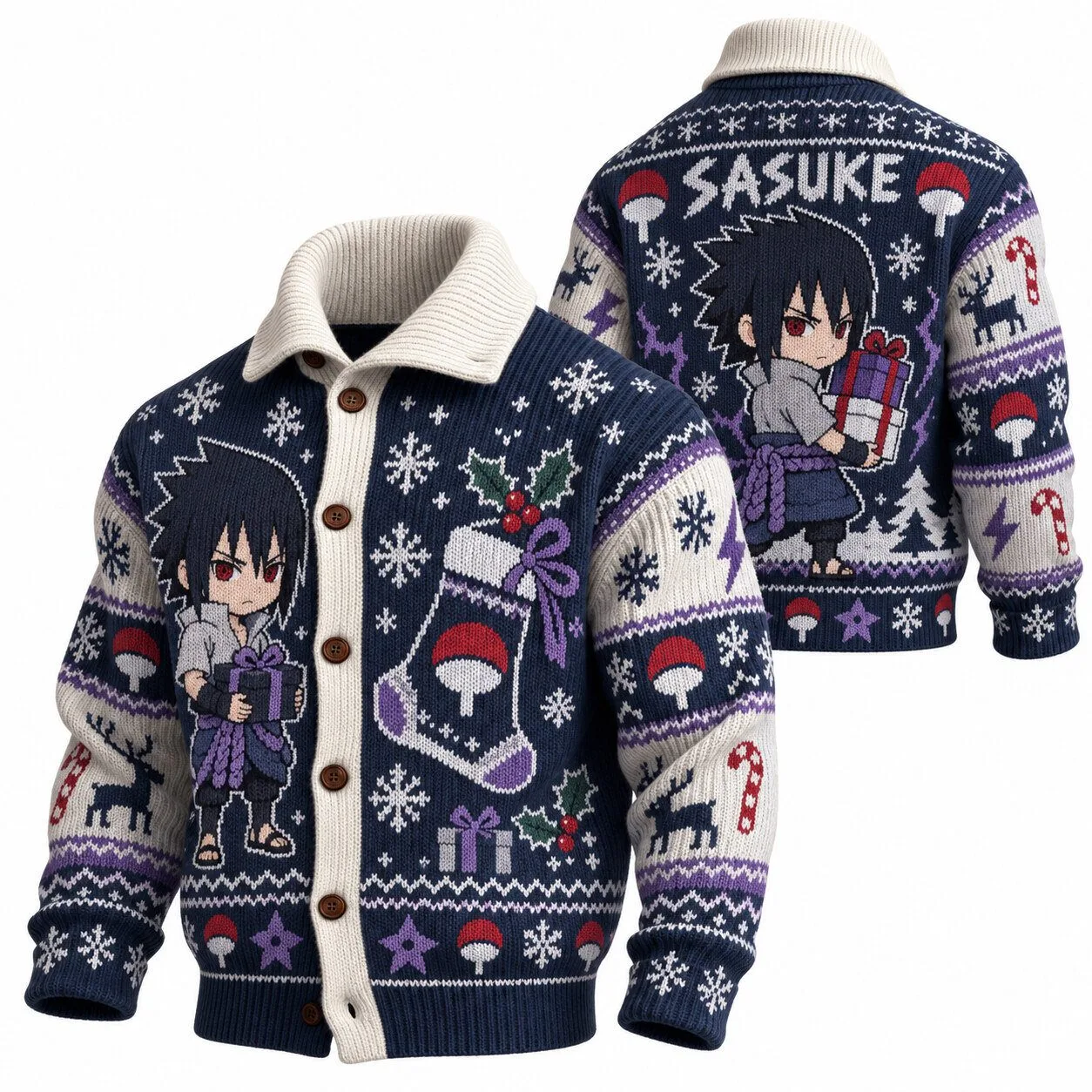 Sasuke Uchiha Anime Christmas Holiday Fair Isle Pattern Knitted Cardigan