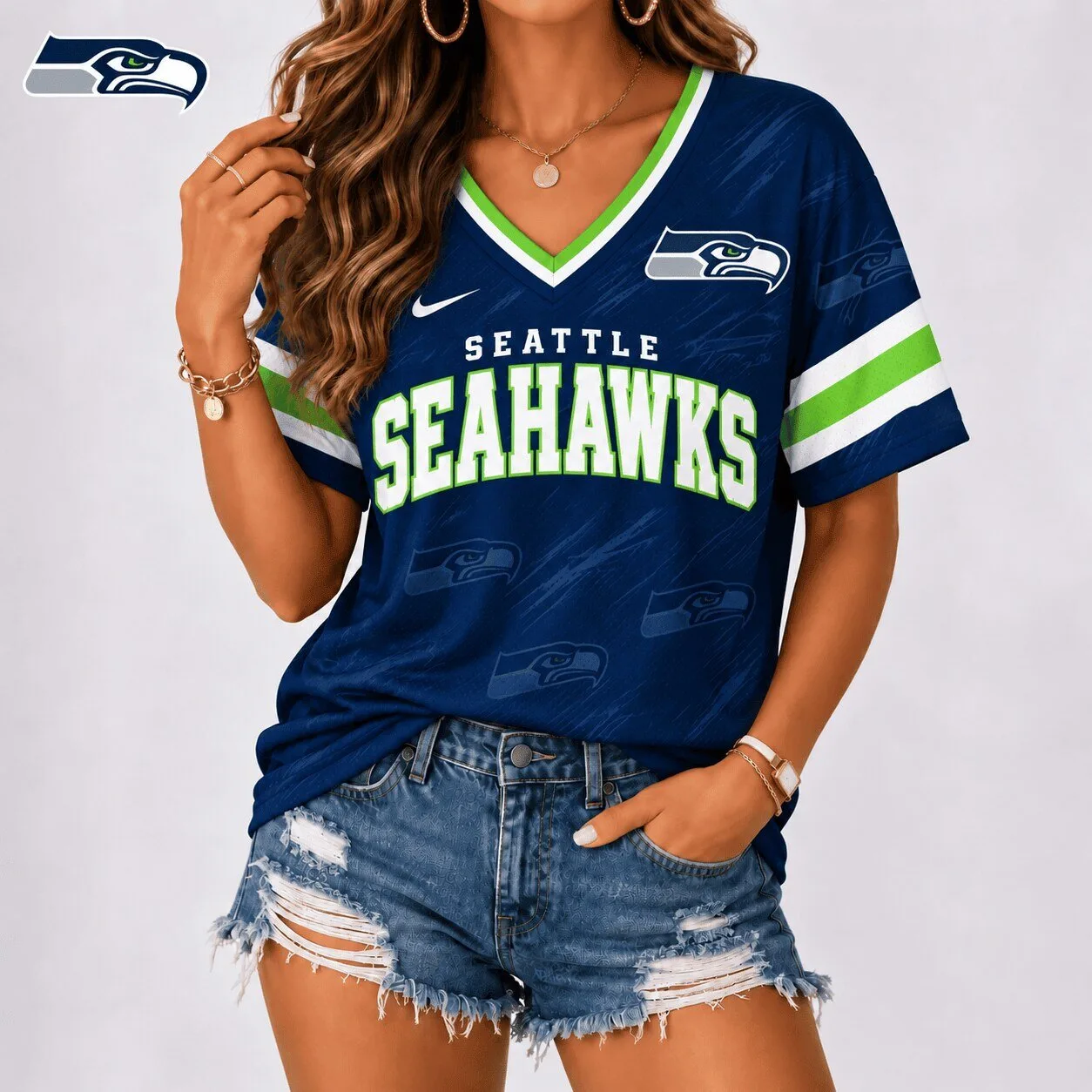 Seattle Seahawks NFL Football Team Spirit V-Neck Short Sleeve T-Shirt