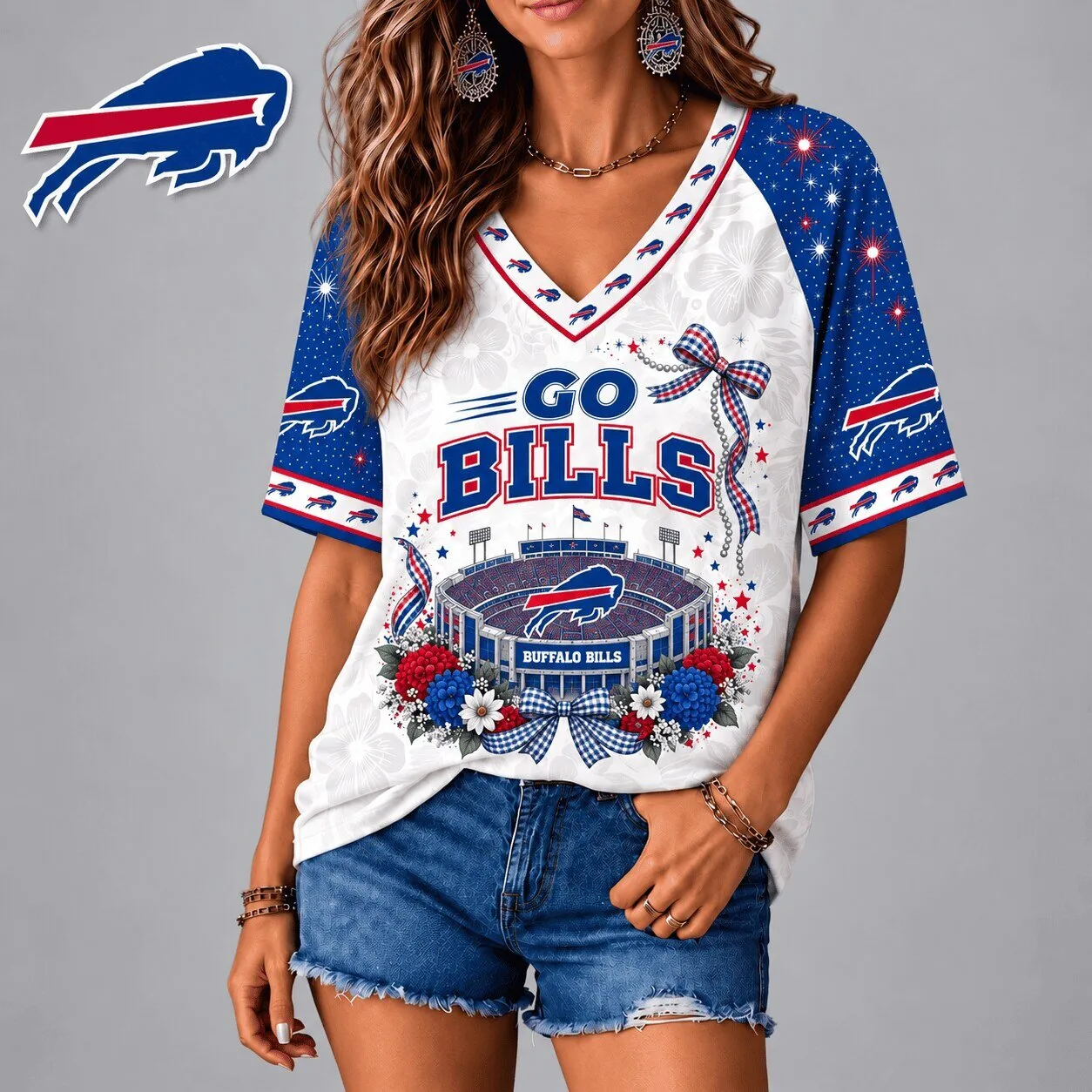 Buffalo Bills Football Team Patriotic Floral Bow V-Neck Short Sleeve T-Shirt
