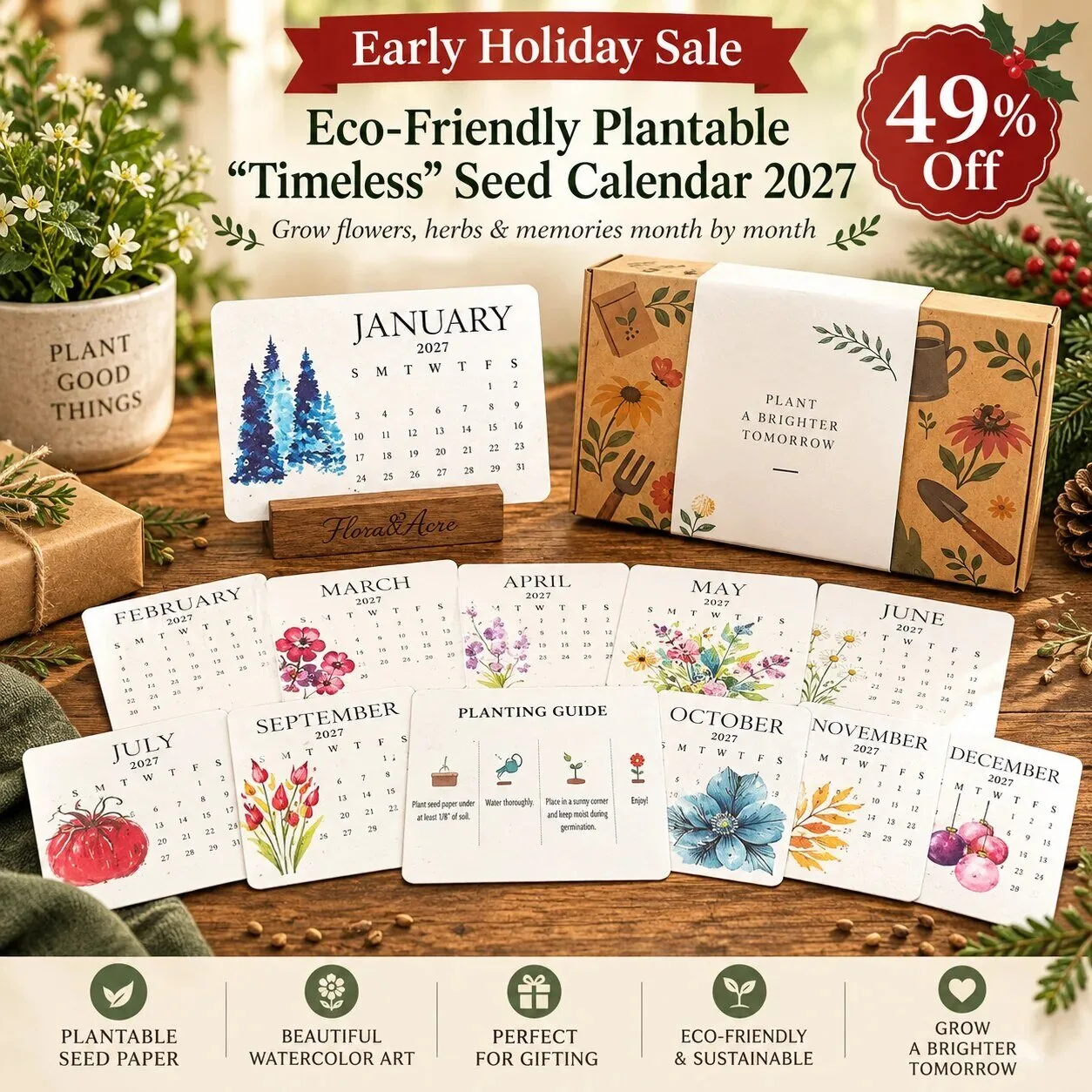 Eco-Friendly Plantable Seed Paper Desk Calendar 2027 with Watercolor Art