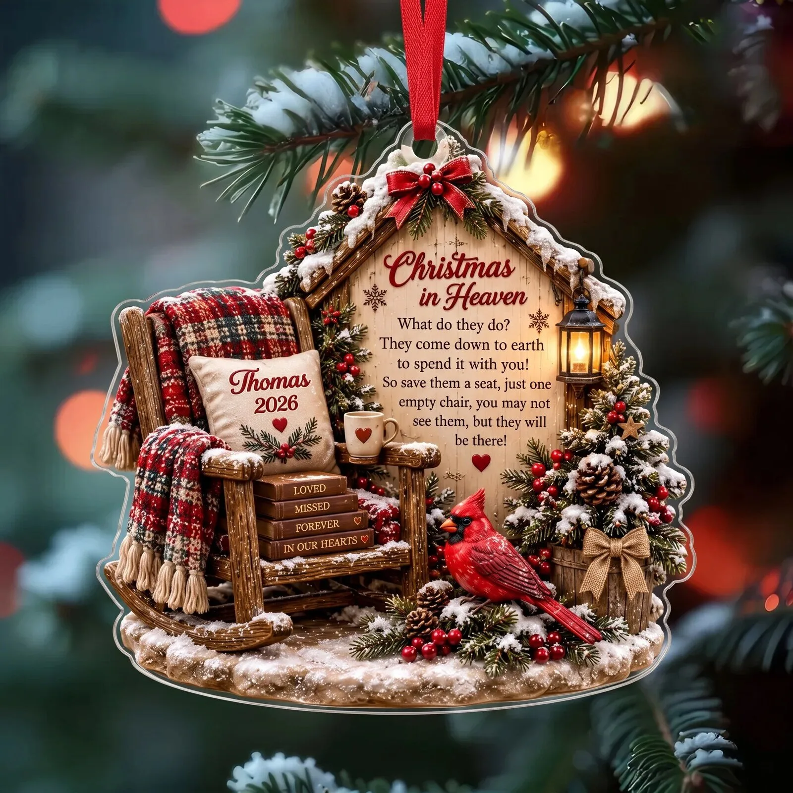 Personalized Christmas In Heaven Cardinal Memorial Ornament with Empty Chair