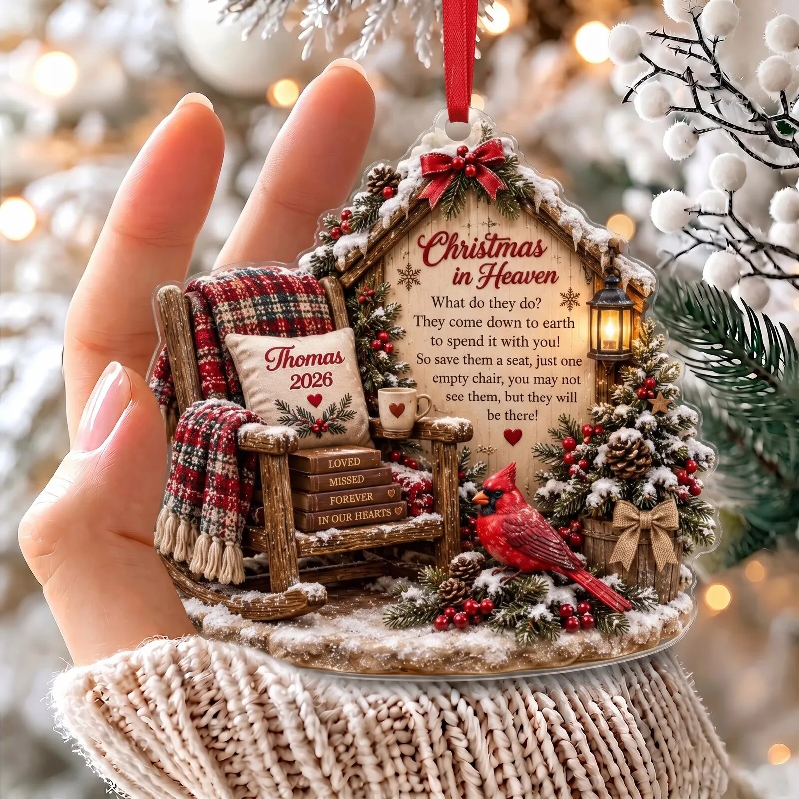 Personalized Christmas In Heaven Cardinal Memorial Ornament with Empty Chair