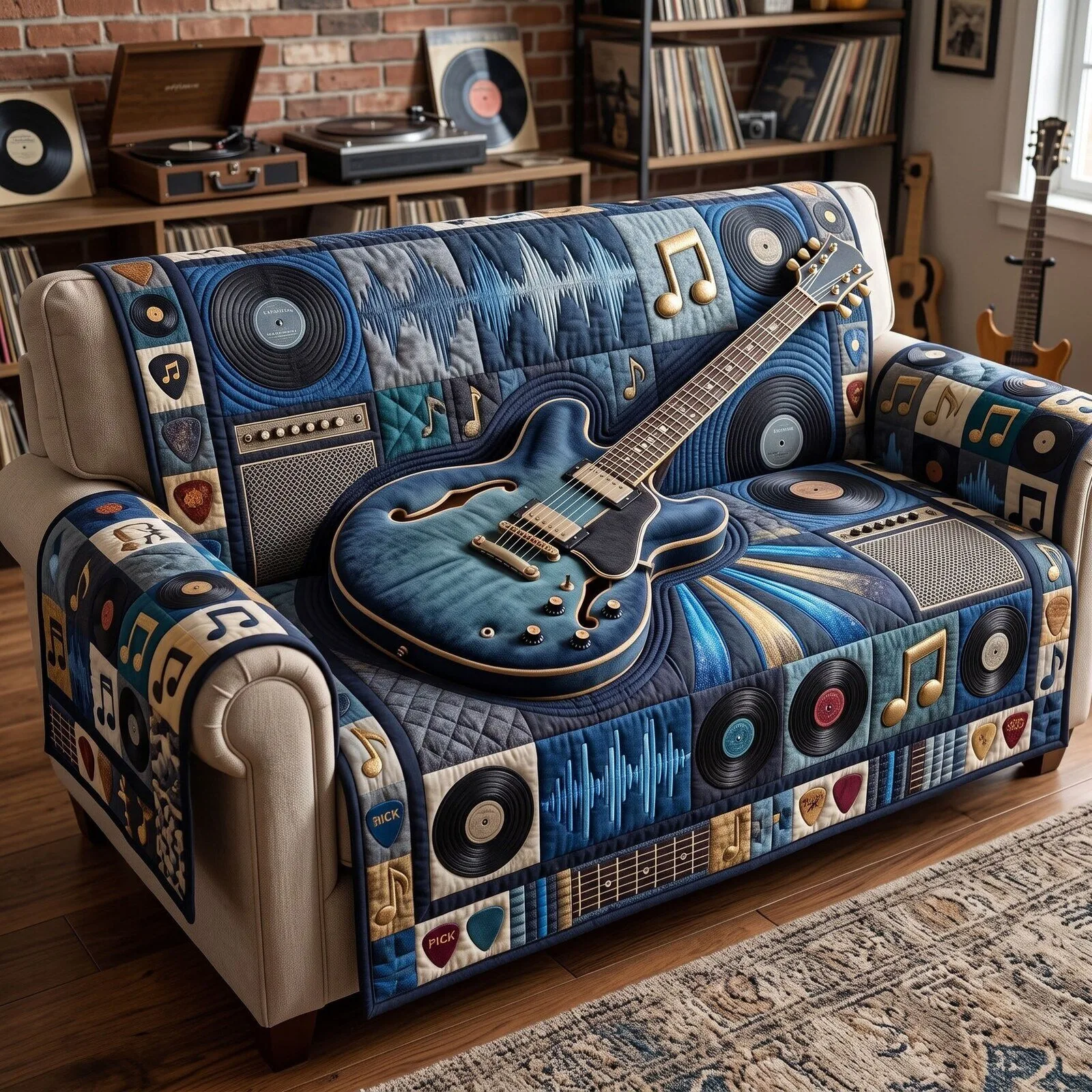 Guitar Lover Music Notes Quilted Sofa Cover for Living Room Decor