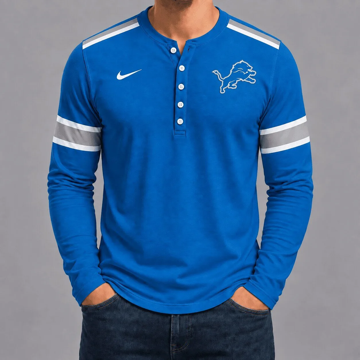 Detroit Lions Shirt Men's Blue Long Sleeve Henley T-Shirt NFL Football Apparel