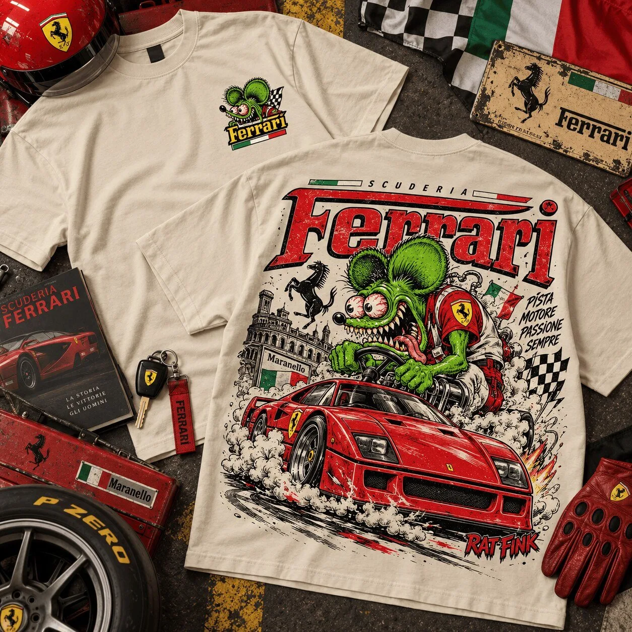 Ferrari Rat Fink Hot Rod Racing Car Graphic T-Shirt for Motorsport Enthusiasts