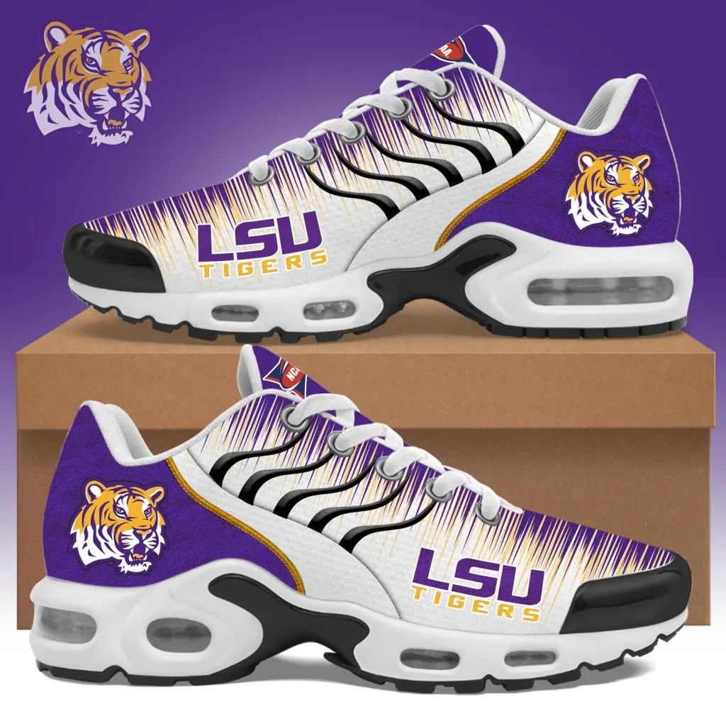 LSU Tigers Purple and Gold Striped Pattern Athletic Shoes LSU Tigers Purple and Gold Striped Pattern Athletic Shoes