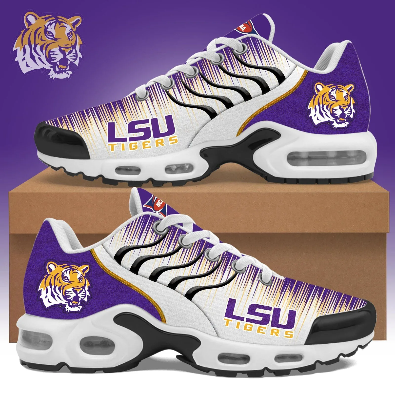 LSU Tigers Purple and Gold Striped Pattern Athletic Shoes