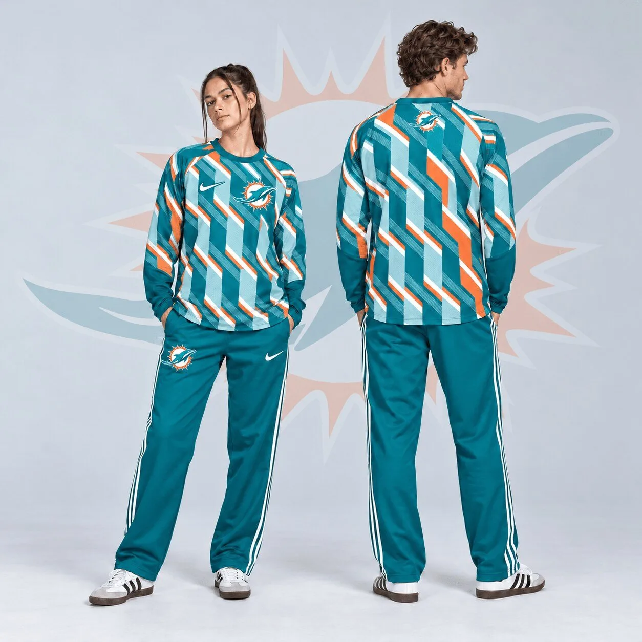 Miami Dolphins NFL Bold Diagonal Stripe Long Sleeve Crewneck Shirt