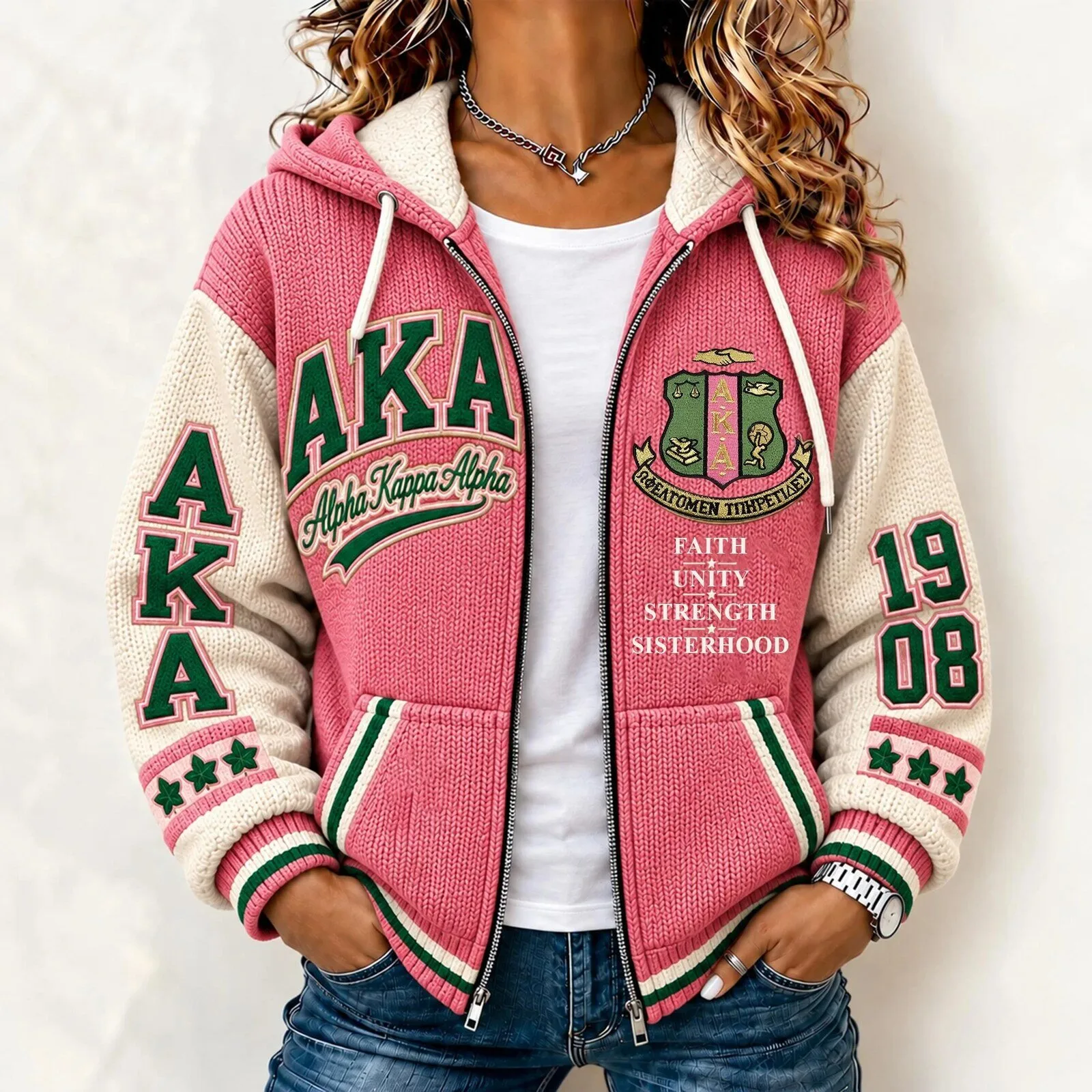 Alpha Kappa Alpha Sorority Inc. Pink Knitted Full-Zip Hoodie