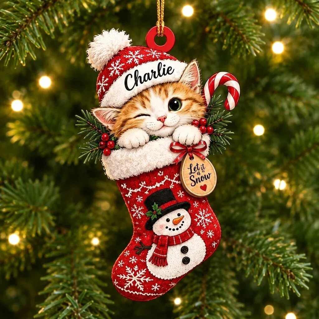 Personalized Christmas Kitten in Stocking Ornament - Custom Pet Holiday Decor