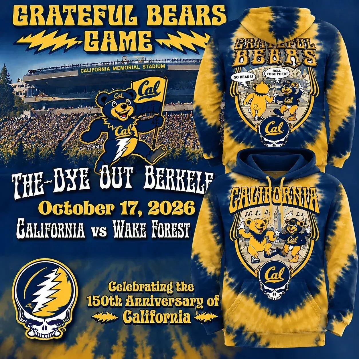 Tie Dye Hoodie Featuring Grateful Dead for California Golden Bears Football Supporters