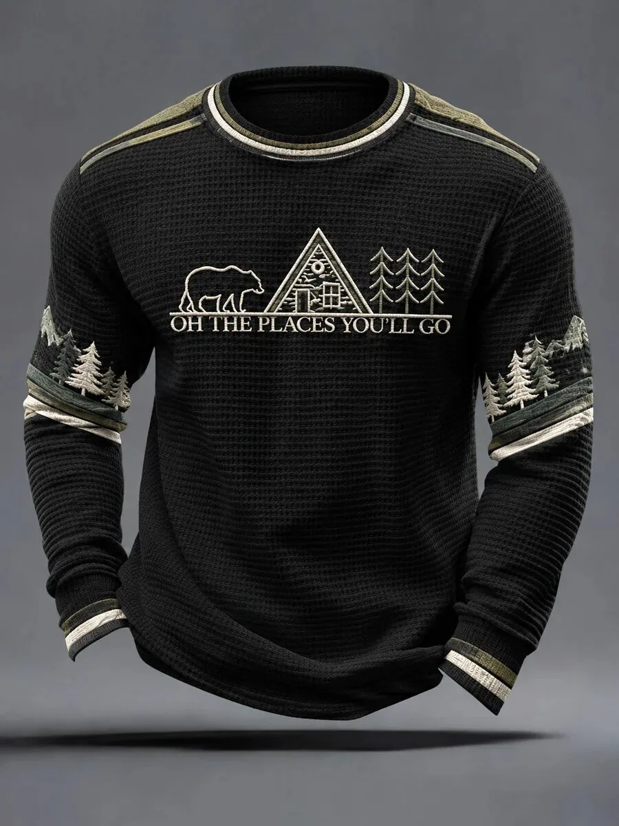 Oh The Places You'll Go Bear Cabin Forest Camping Long-Sleeve Waffle Shirt