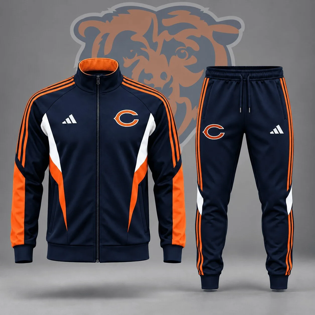 Chicago Bears NFL Team Logo Navy Blue and Orange Track Jacket and Pants Set