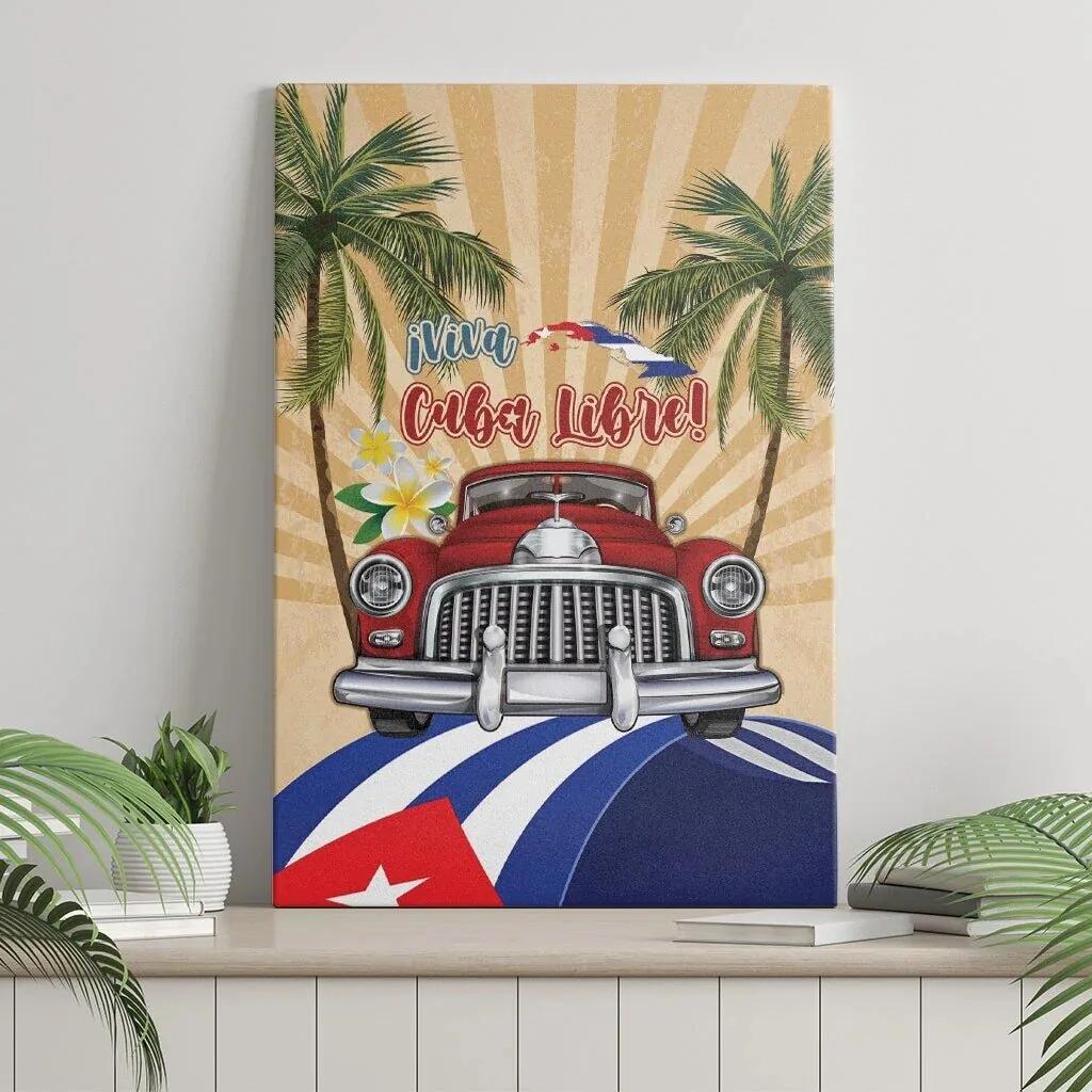 Viva Cuba Libre Red Classic Car Tropical Palm Trees Canvas Wall Art