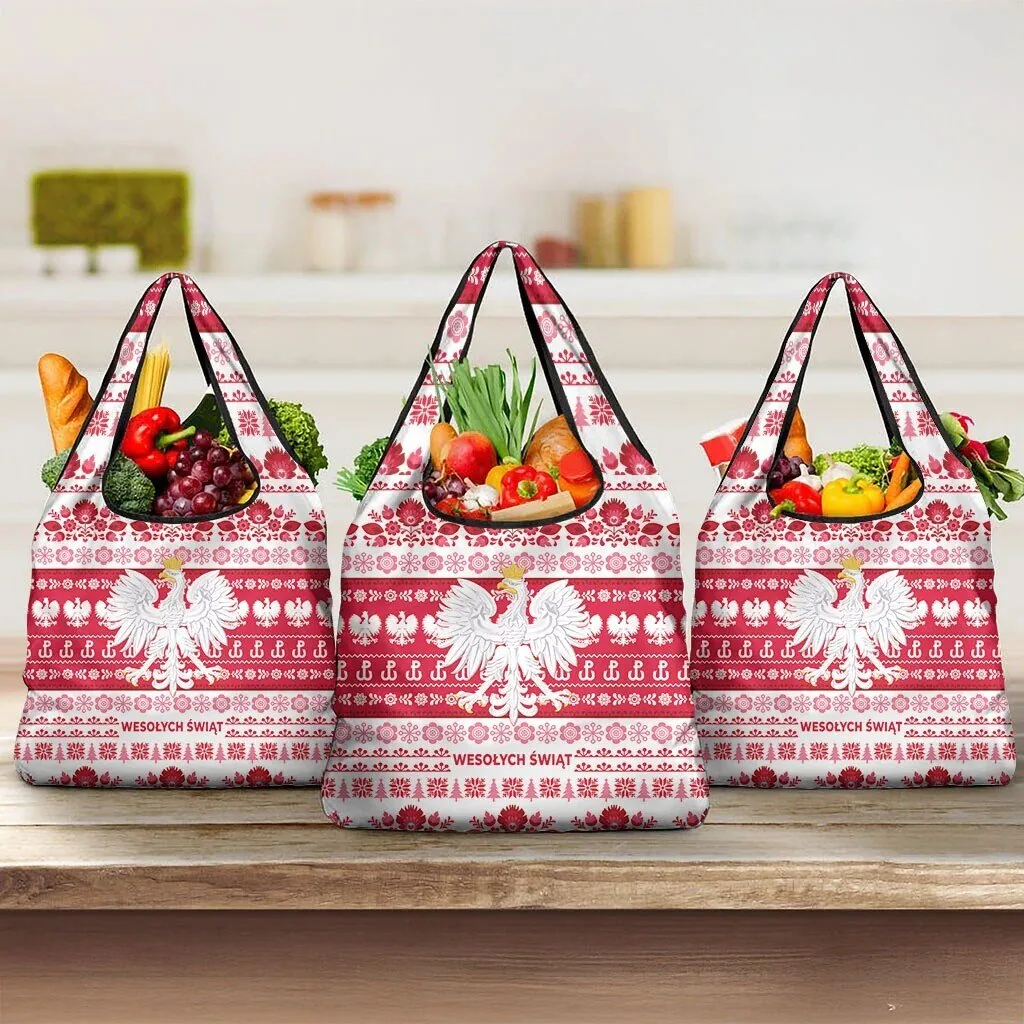 Polish Christmas Folk Art White Eagle Reusable Grocery Bag