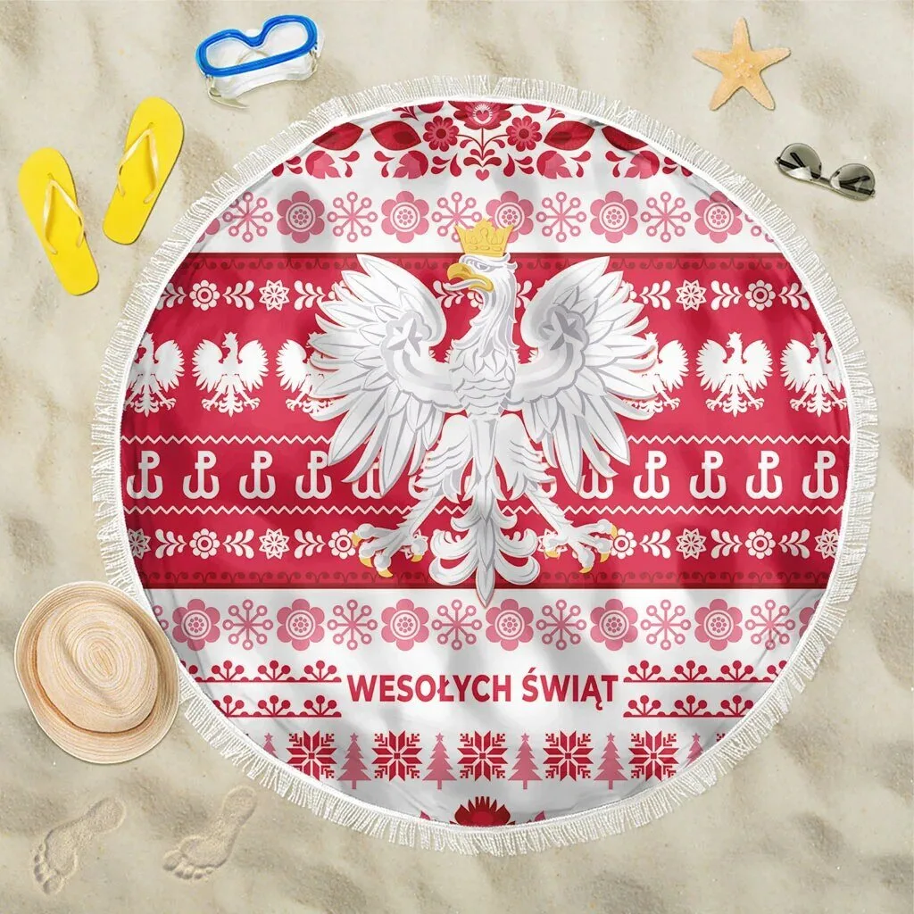 Home 9 Polish White Eagle Merry Christmas Folk Art Round Beach Blanket
