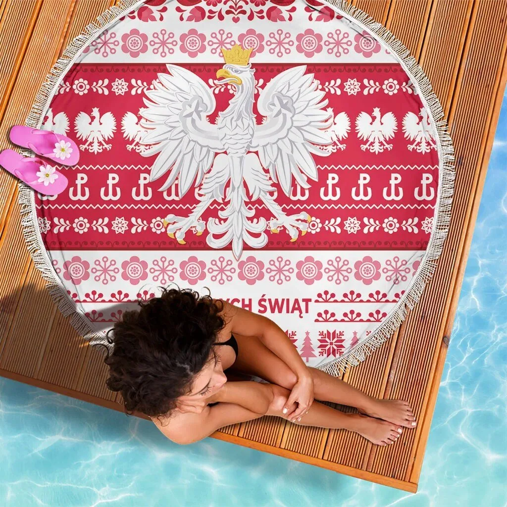 Polish White Eagle Merry Christmas Folk Art Round Beach Blanket